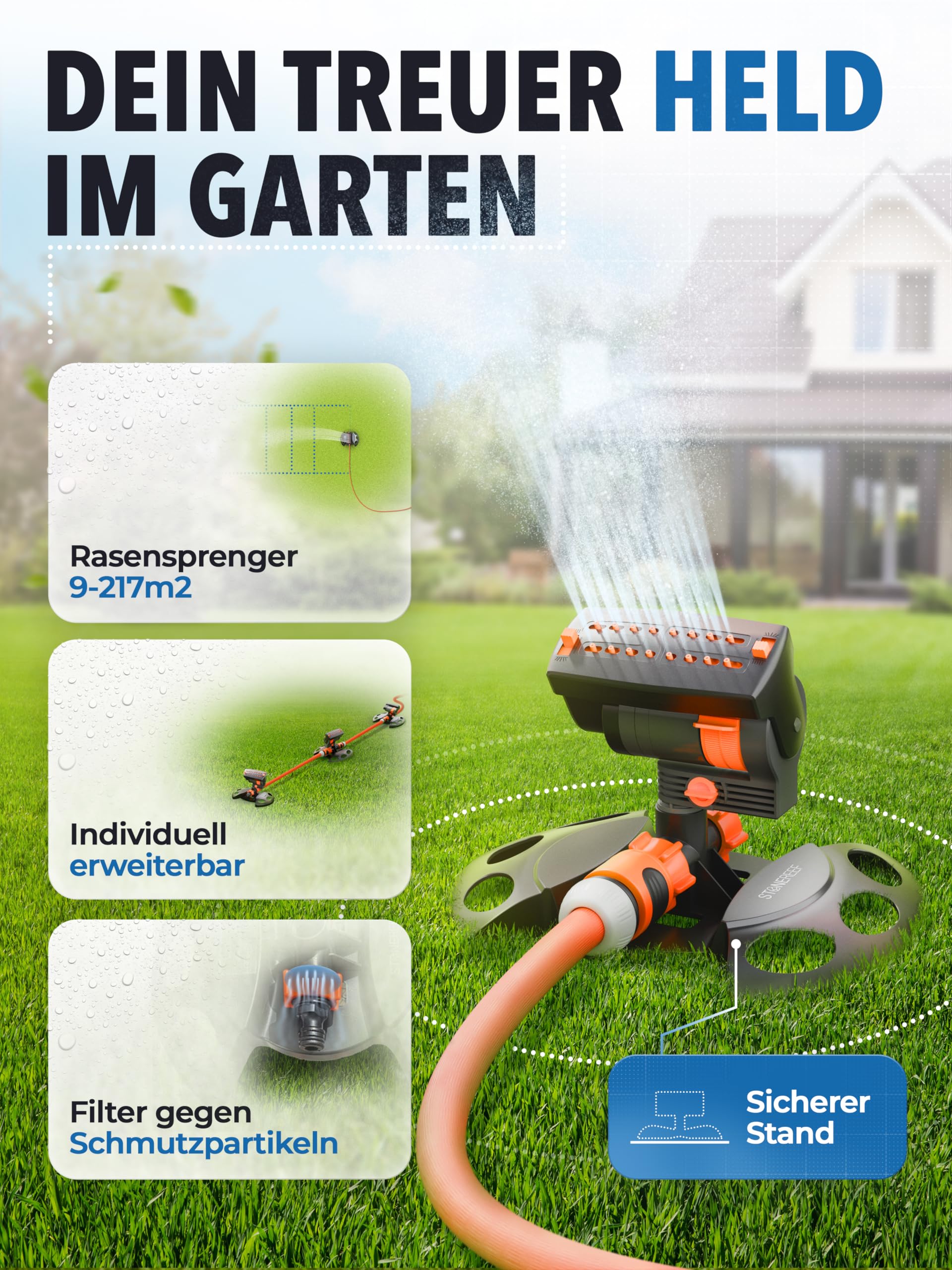 STONE REEF Rasensprenger [9-217m2] zur Gartenbewässerung- 16 Düsen, Viereckregner zur Bewässerung, Sprinkler für Rasen und Flächen, Bewässerungssystem, Regner für Garten