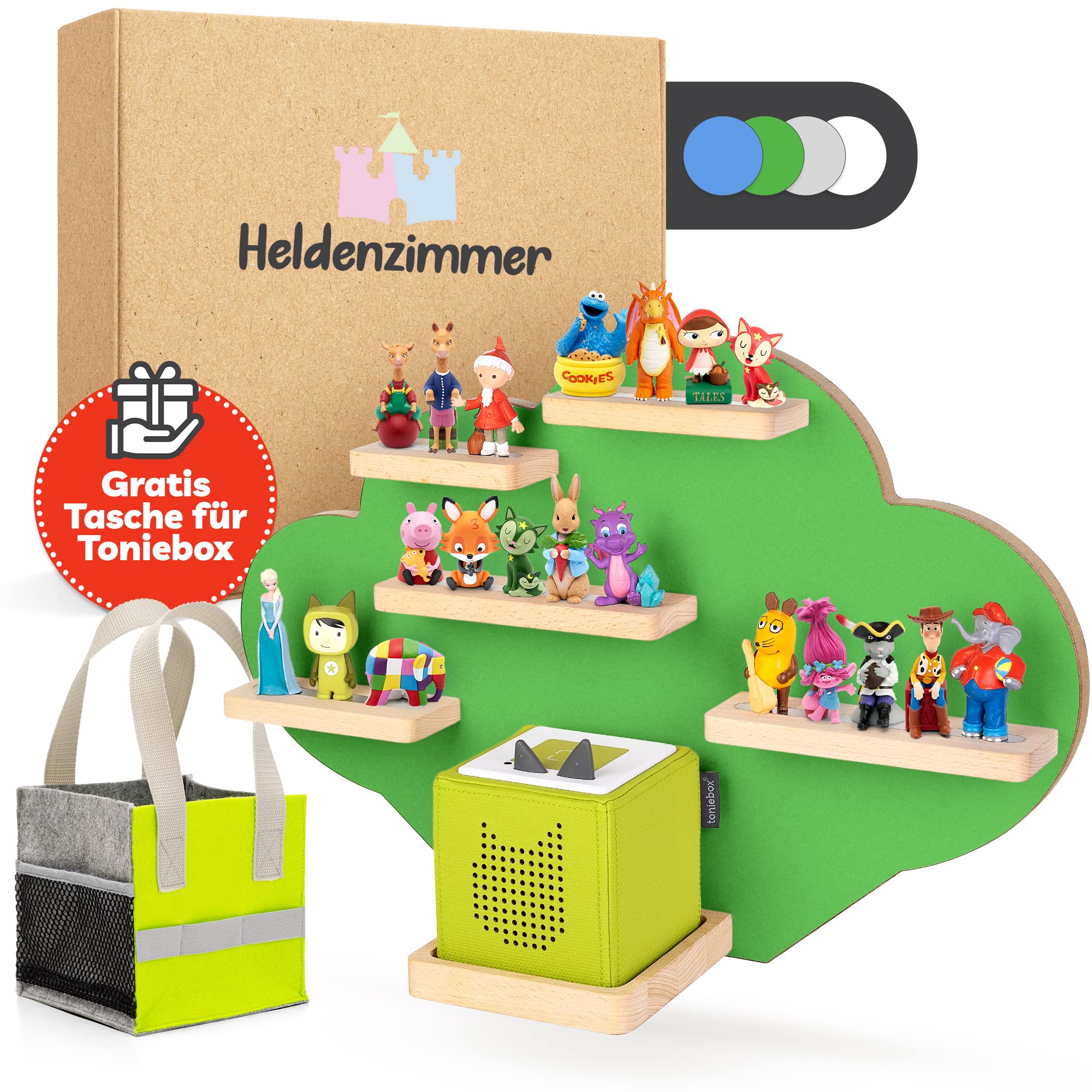 Heldenzimmer - Tonie Regal Wolke Grün [GRATIS Tragetasche] - Für Toniebox Regal bis 20 Figuren - Tonie Regal Mädchen und Junge - Perfekte Tonie Aufbewahrung im Kinderzimmer