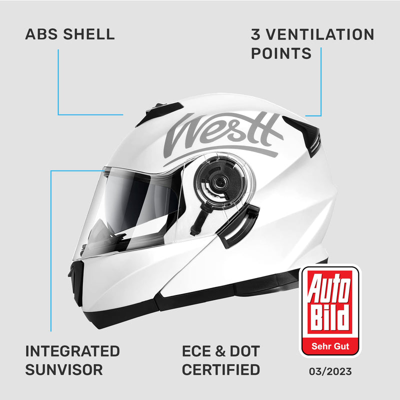 Westt Klapphelm Flip up Motorradhelm Integralhelm Herren Damen mit verstärktem Kinnschutz Chopper Moped Mofa Roller Modular Helm Motorrad mit ECE DOT Zertifizierung, weiß, L (57-58 cm)