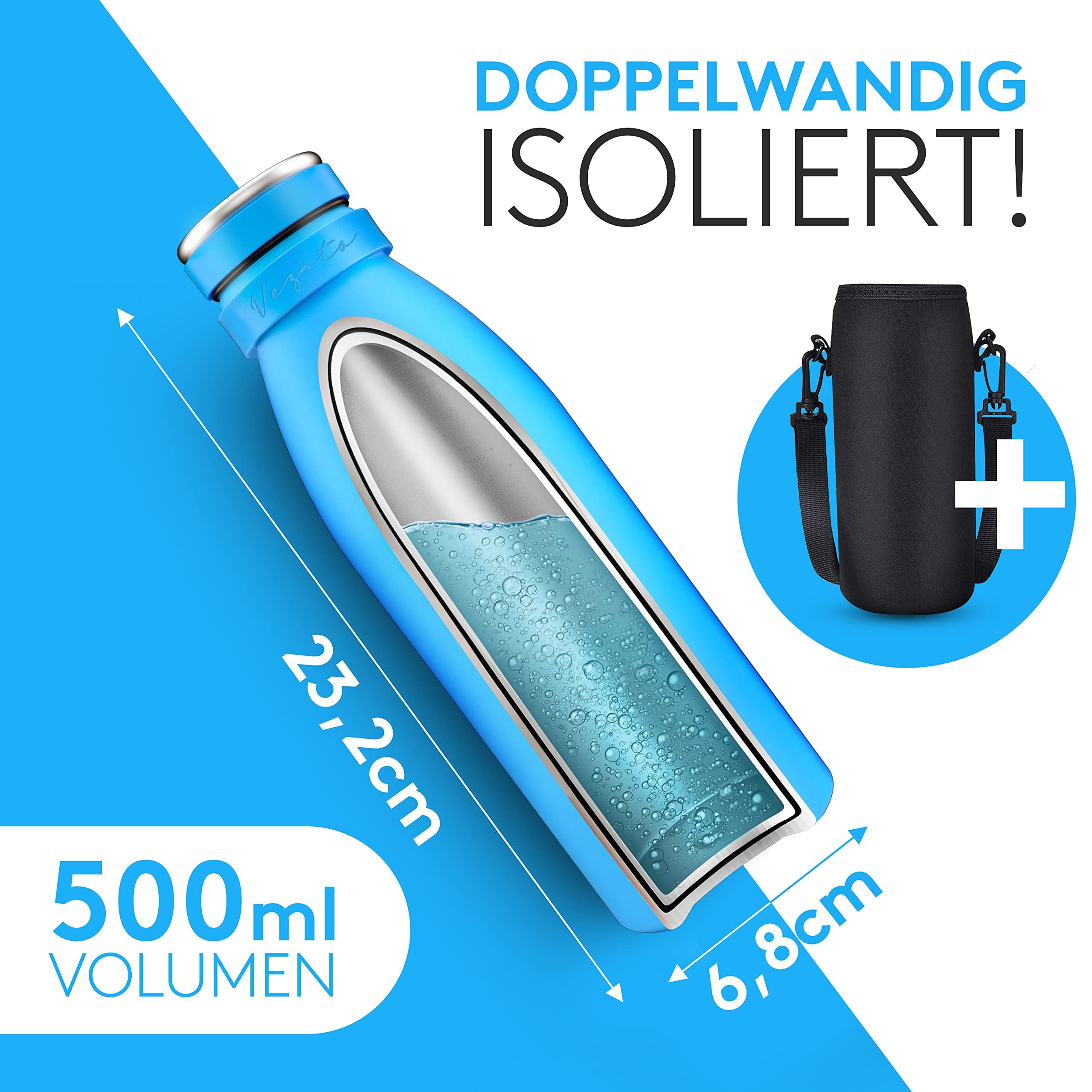 Vezato Trinkflasche Edelstahl - BPA-freie Isolierflasche 500 ml - Auslaufsichere Wasserflasche mit doppelter Isolierung - Thermosflasche spülmaschinenfest - Für Kohlensäure geeignet - Nachhaltig