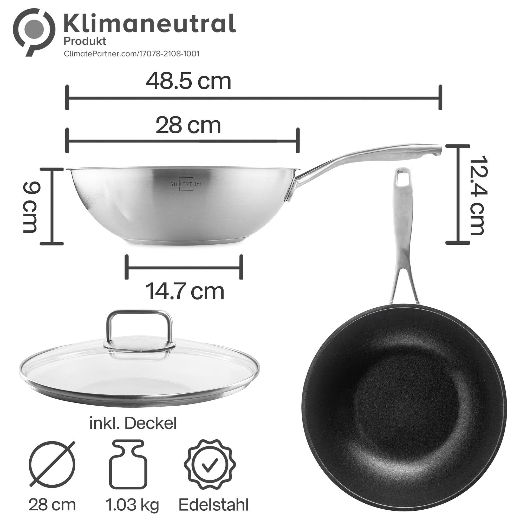 SILBERTHAL Wokpfanne Induktion 28 cm - Edelstahl Wok mit Anti-Haftbeschichtung - Für alle Herdarten - Backofenfest