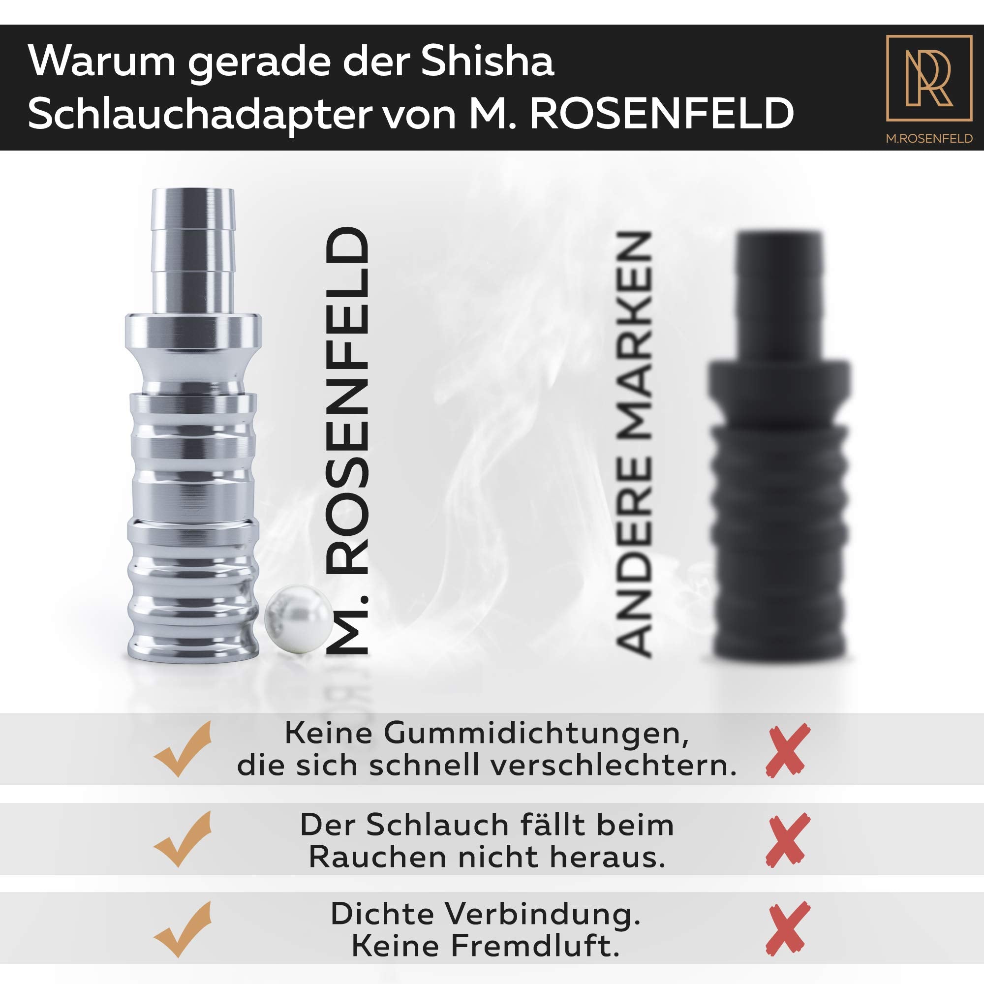 M. ROSENFELD Shisha Schlauchadapter Aluminium – 18/8 Schliff, Set 2-teilig Anschluss, M16x1 Gewinde, Schlauch Adapter für Dilaw Shisha, Amy Deluxe Shisha, Caesar, Kaya Shisha inkl. Shisha E-Book