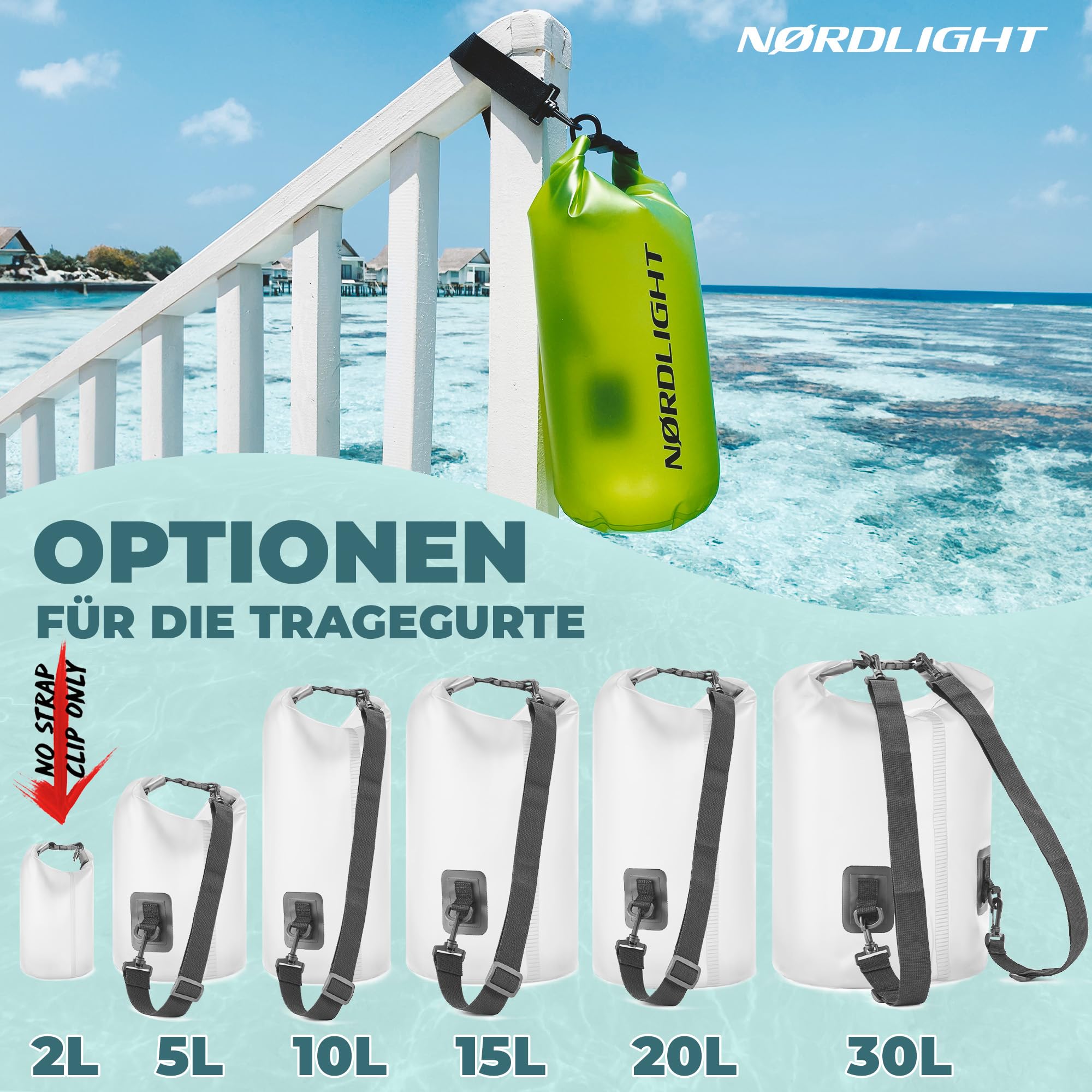 Nordlight Dry Bag 2L Wasserdichter Beutel - (Transparent) Wasserdichter Packsack Mit Roll Top Verschluss Und Schultergurt | Schwimmen, Baden, Strand, Kanu, Stand Up Paddling, Tauchen