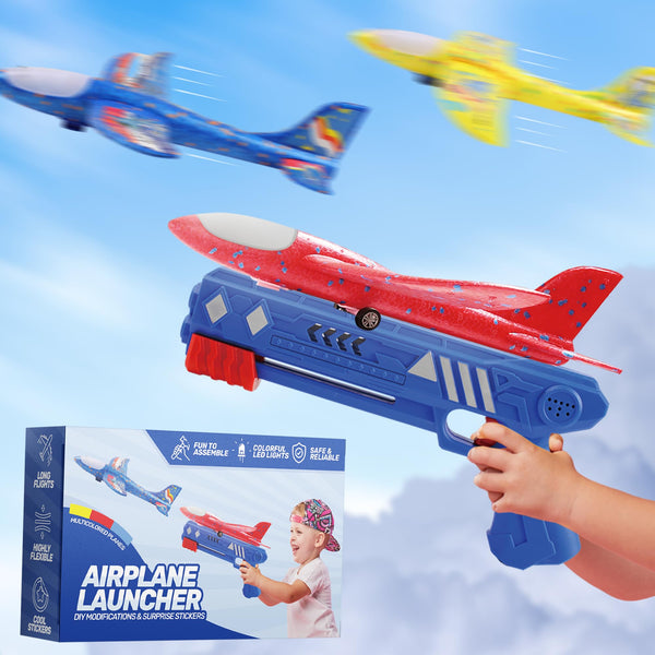 Bogenkönig 3er Set Flugzeug-Launcher Spielzeug: LED-Schaumgleiter-Kits, Katapult, 2 Flugmodi, für Jungen und Mädchen im Alter von 3-12 Jahren, (Blau, Rot und Gelb)