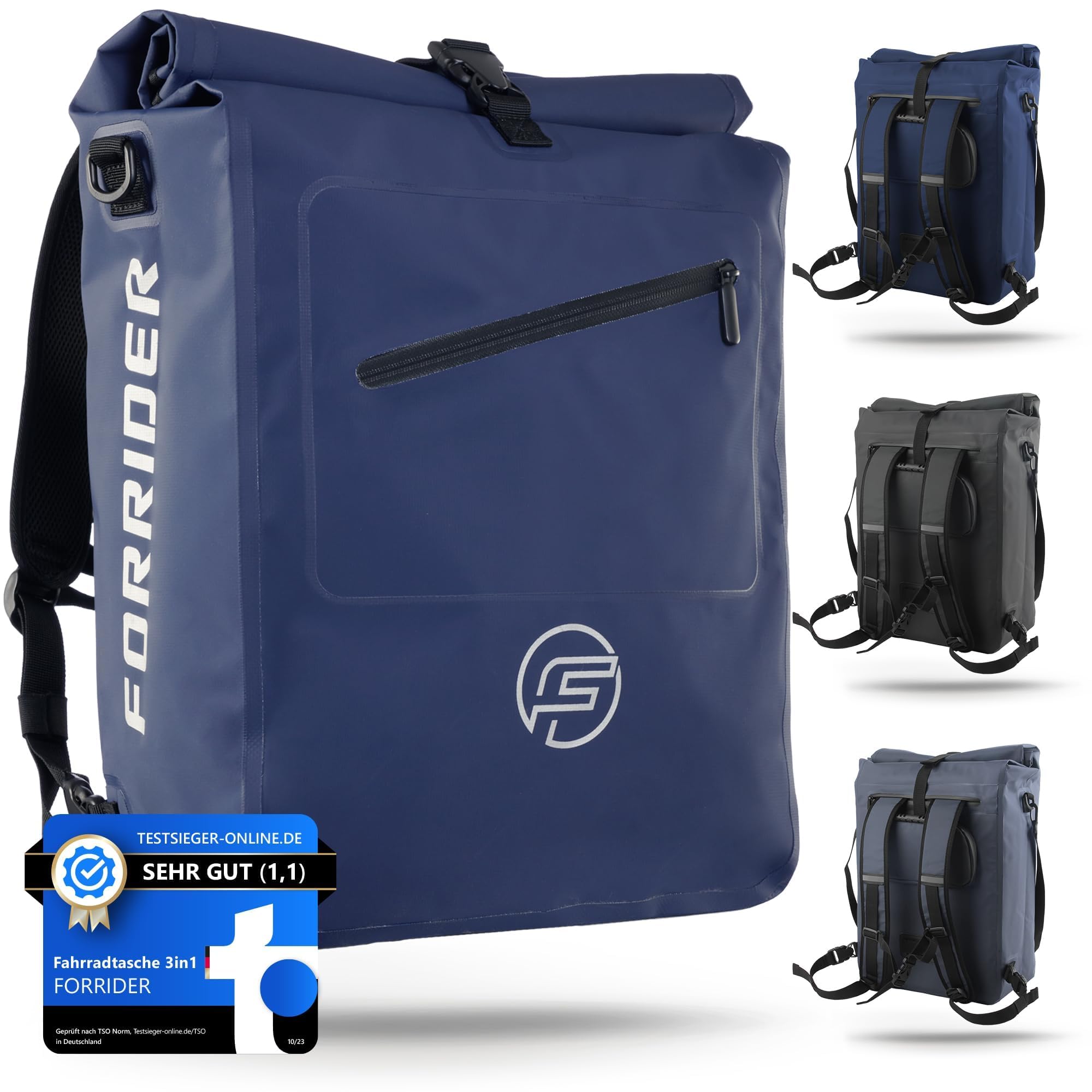 Forrider 3in1 Fahrradtasche für Gepäckträger mit Rucksack Wasserdicht 27L I Gepäckträgertasche Reflektierend I Sattel Tasche fürs Fahrrad