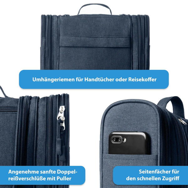 Obics Kulturbeutel Herren & Damen Gross blau 8L XXL - Kulturtasche zum Aufhängen & mit Spiegel - Kosmetiktasche mit Henkel hängend - Beauty case groß - Waschtasche 10 Fächer für Camping Reisen