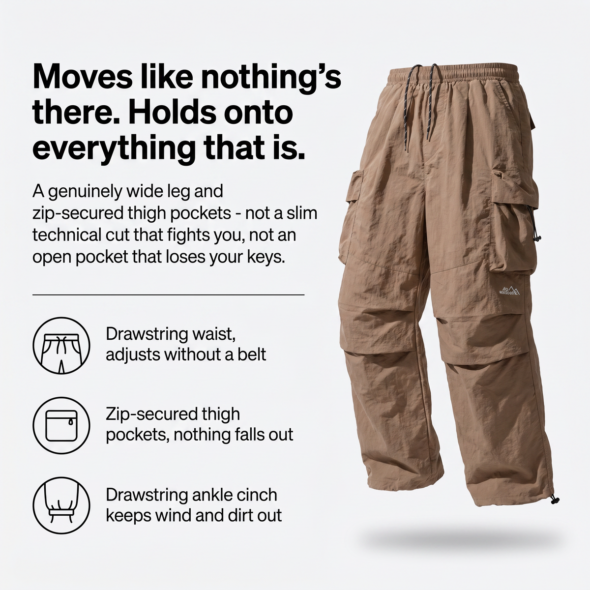 Herren Cargohose – weites Bein, Fallschirm-Stil mit Reißverschlusstaschen