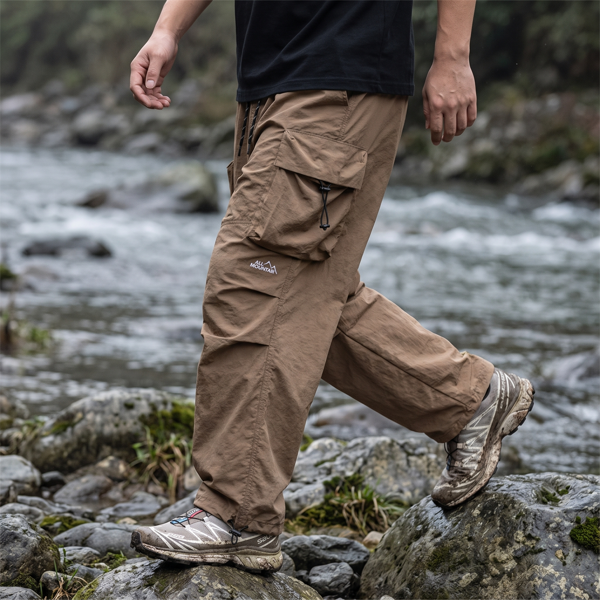 Herren Cargohose – weites Bein, Fallschirm-Stil mit Reißverschlusstaschen