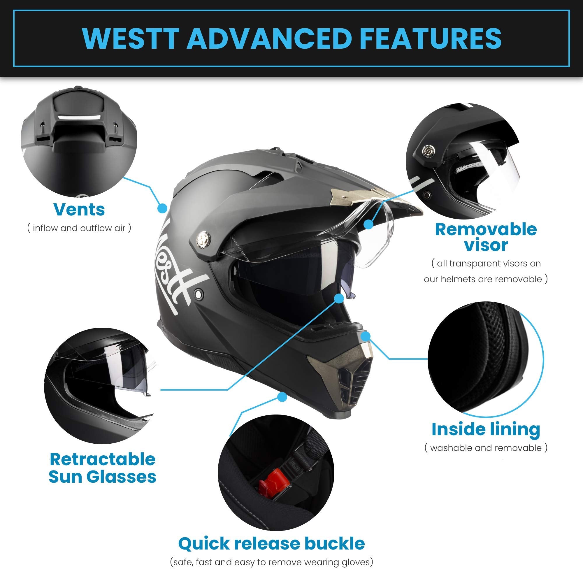 WESTT Cross X Motorrad-Helm I Motocross-Helm I Motorradhelm schwarz-matt I Motocross-Helm mit Visier I Cross-Helm-Herren I Fullface-Helm I MTB-Helm I Quad-Helm I ECE Zertifiziert I Größe XL