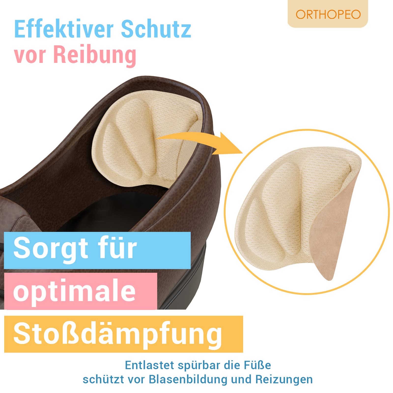 ORTHOPEO Fersenpolster I Schuheinlagen gegen Blasen & Reibung I 6 Paare I Fersenschoner I Fersenkissen Herren & Damen I Antirutsch bei großen Schuhen & High Heels I Schuhpolster I Extra Volumen