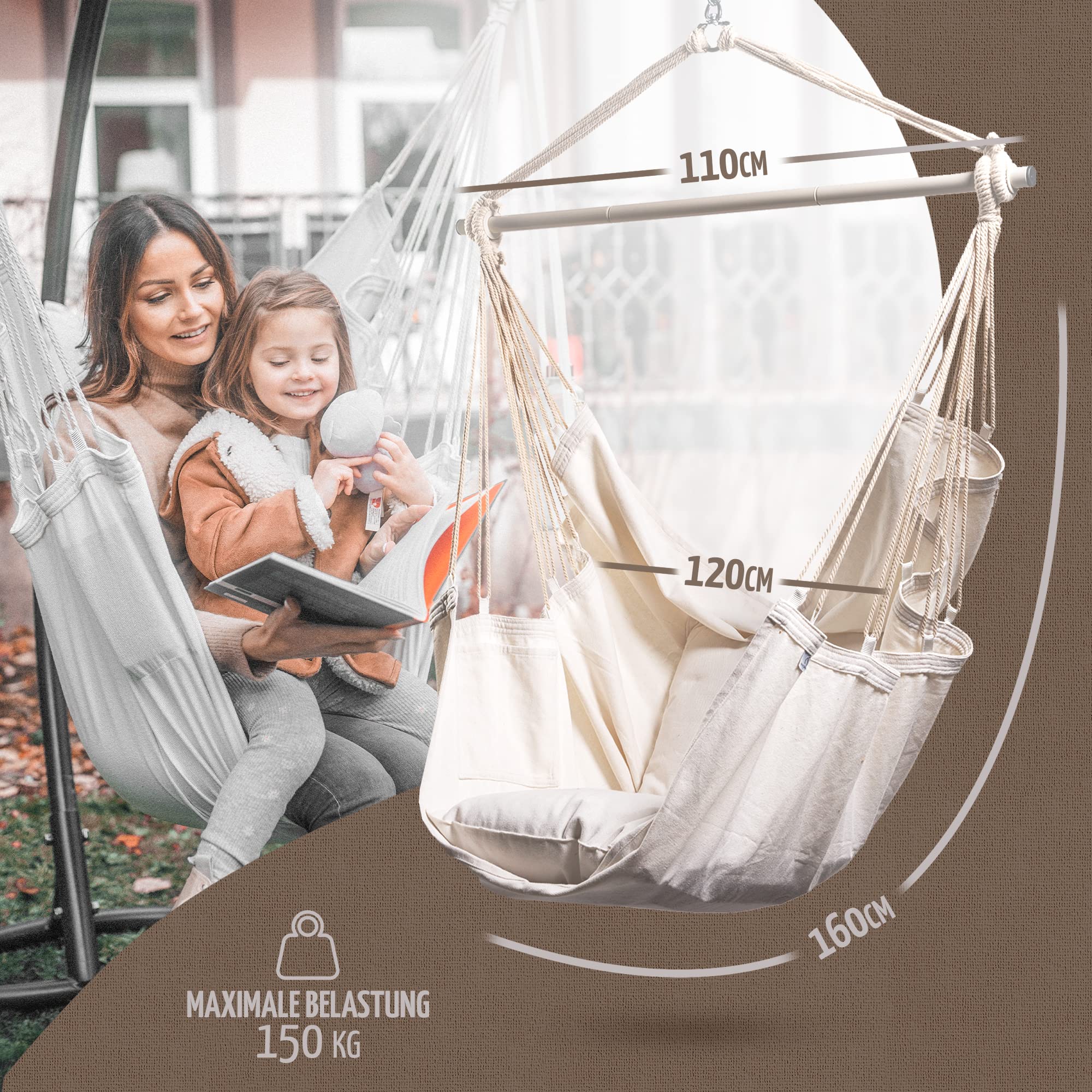 NearDistance® Hängesessel Unity mit Montageset, Hängestuhl Indoor Outdoor, Hängesessel ohne Gestell, Hängeschaukel für Erwachsene & Kinder, mit Fußablage & Kissen (Beige MIT Montageset)