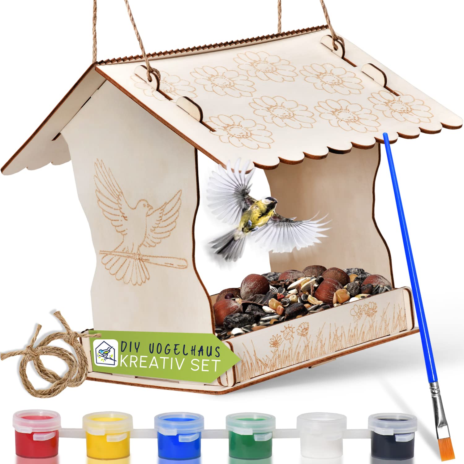 FUN TRADING DIY Vogelhaus zum Bemalen - praktischer Vogelhaus Bausatz für Kinder inkl. Farben und Pinsel - Vogelhäuschen zum Bemalen - ideal für kreative Naturfreunde