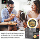 FVLFIL Pizzastein schwarz für Backofen & Gasgrill inklusive Pizzaschieber, Pizzamesser und Rezeptheft, Pizzastein aus Cordierit, für knusprige italienische Pizza, Pizzastone Set, rechteckig