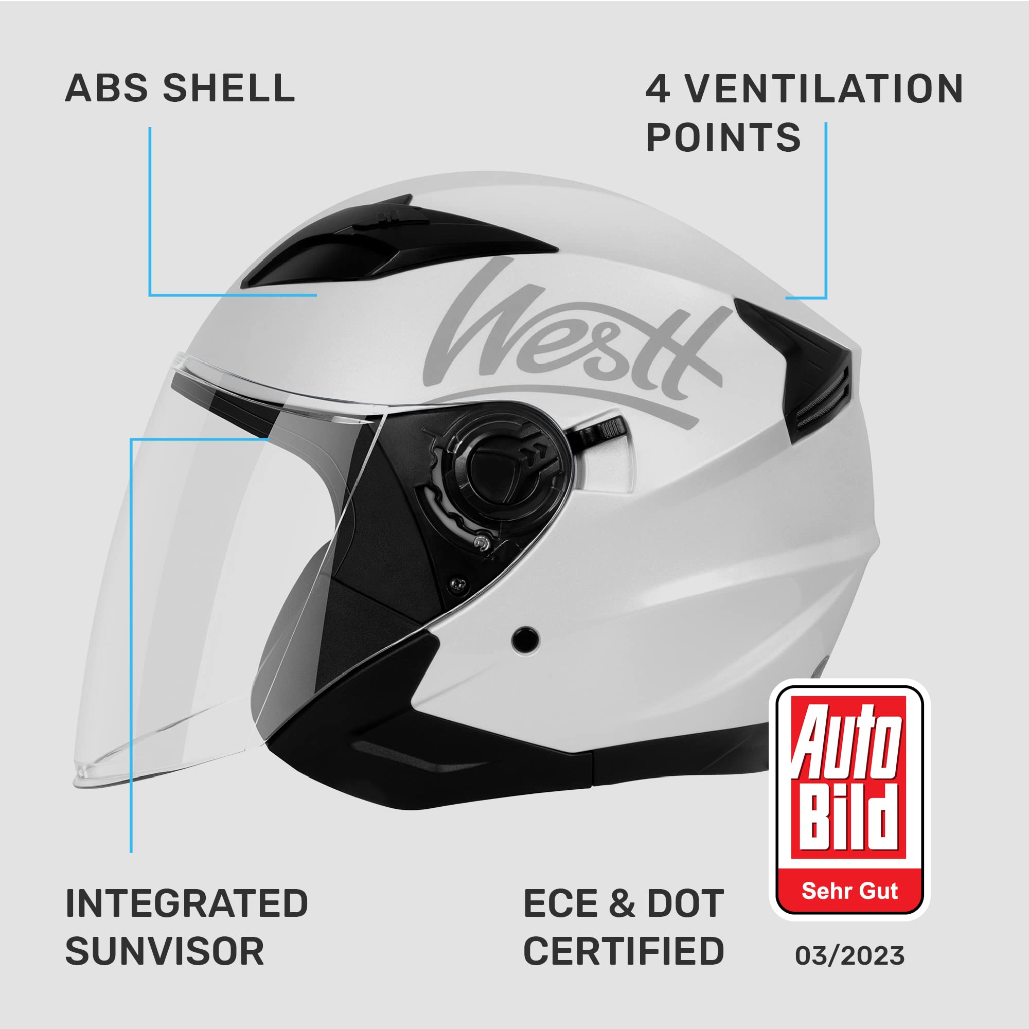 Westt Jethelm mit Visier & Sonnenblende Motorradhelm Herren Damen Rollerhelm Mopedhelm Mofa Chopper Helm Motorrad Halbhelm Open-Face-Helm Pilotenhelm ECE DOT Zertifiziert, weiß metallic, L (57-58 cm)