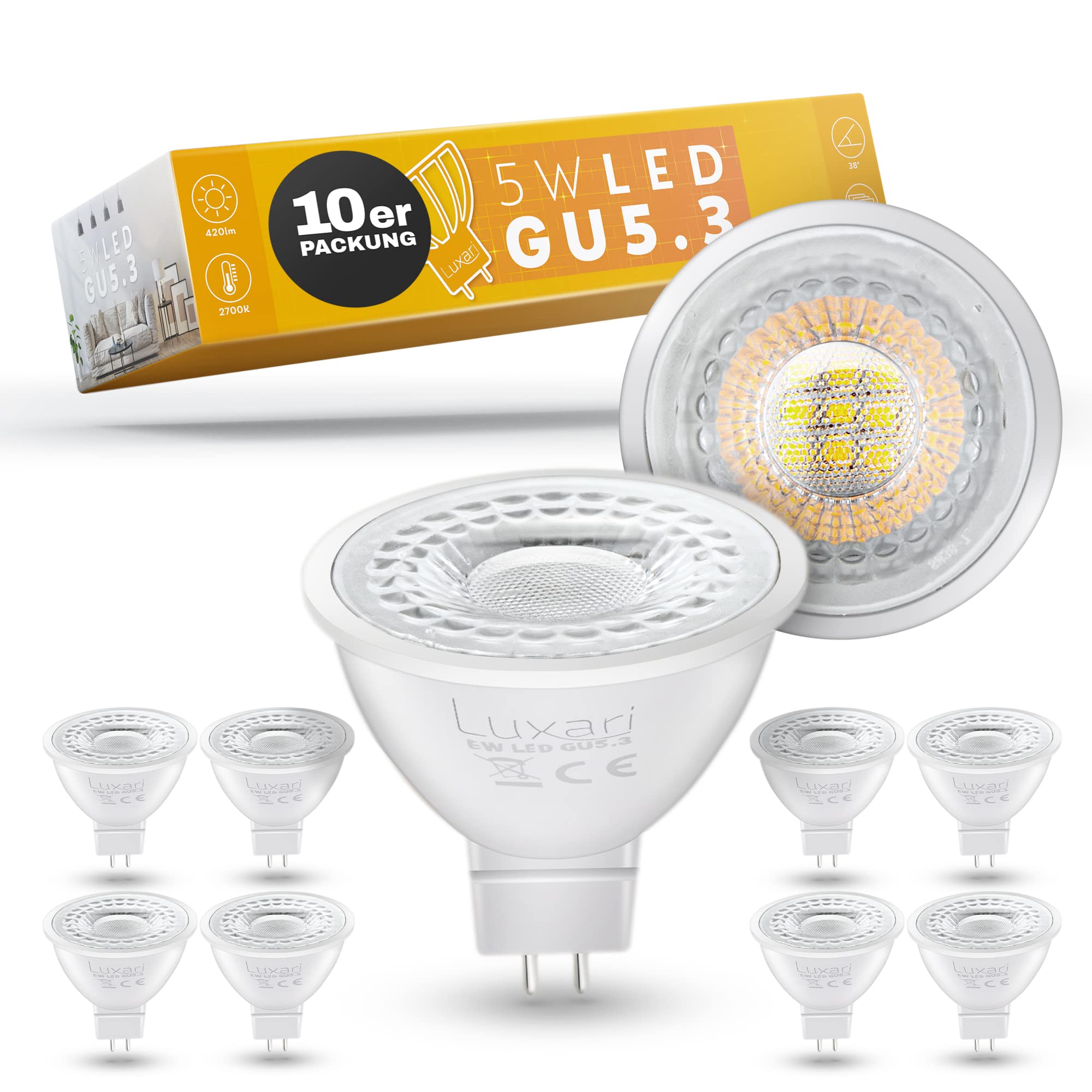 Luxari GU5.3 LED Lampe [5x] − MR16 LED − Entspricht 50W Halogenlampe − LED Leuchtmittel 5W 420lm − GU 5.3 LED Spot mit 2700K warmweiß - 12V LED - LED Spot 12V