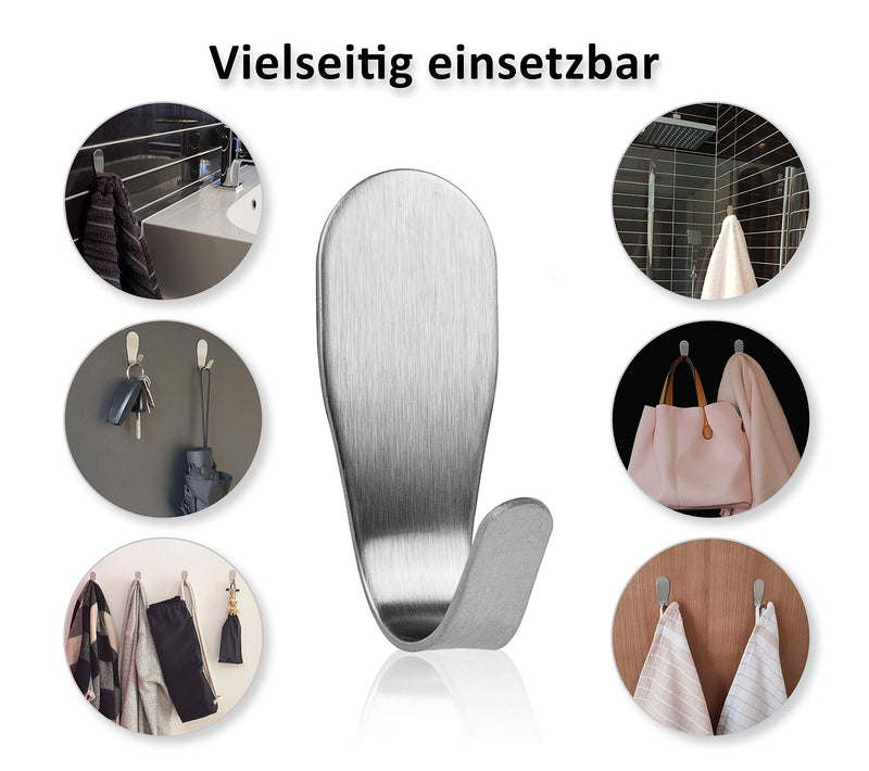 LUCHSFELD 8 Stück Premium Edelstahl Klebehaken - Handtuchhaken selbstklebend - Einfache Anbringung und Entfernung ohne bohren - Vielseitig einsetzbar für Bad und Küche