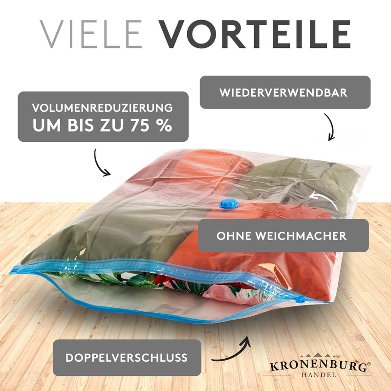 Kronenburg Vakuumbeutel für Kleidung 12er Set 80x60 cm - Vakuum Kleiderbeutel wiederverwendbar - Aufbewahrungsbeutel für Kleidung Bettwäsche Winterkleidung und mehr - weitere Sets wählbar