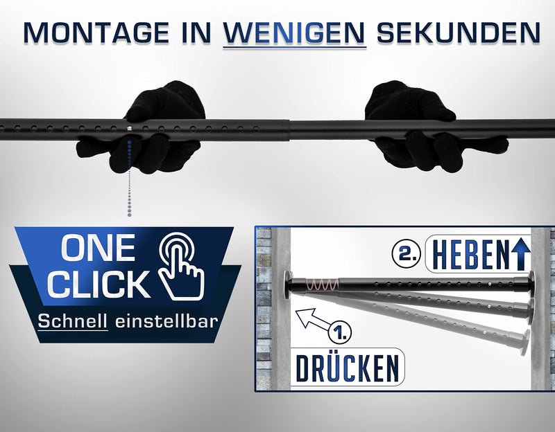 MEISENBERG Gardinenstange ohne Bohren 210-260cm, Ø32mm Matt Schwarz belastbare Klemmstange zum Ausziehen - Vorhangstange, Teleskopstange - für ihre Gardinen, Trennwand und Balkon