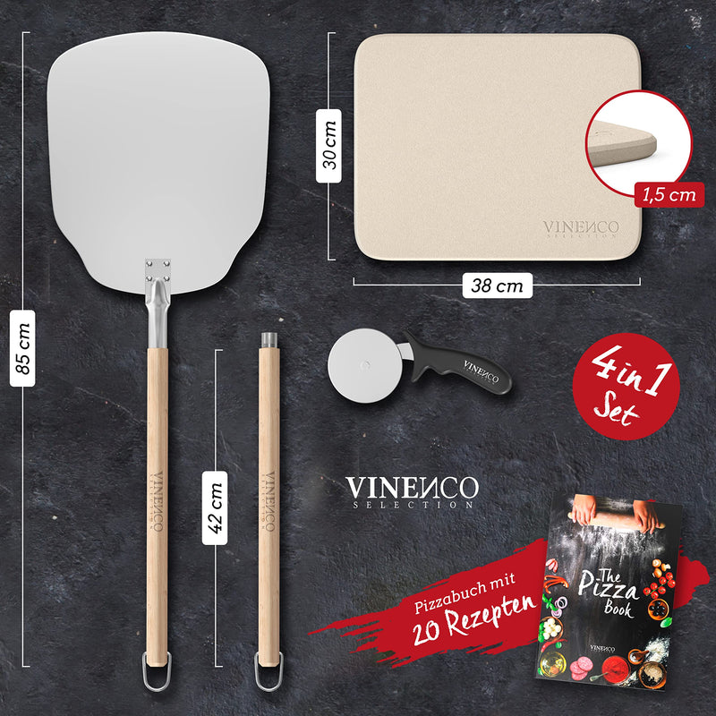 Pizzastein für Backofen & Gasgrill | Set mit Pizzaschieber Rezeptbuch Backstein & Pizzaschneider | Pizza Stein Set Steinplatte eckig Pizzaschaufel Grill Zubehör Brotbackstein Backofenstein Stone Kit