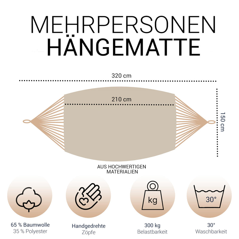 Kronenburg Mehrpersonenhängematte 210 x 150 cm, Belastbarkeit bis 300 kg – Indoor & Outdoor Hängematte Beige - Farb- und Modellwahl