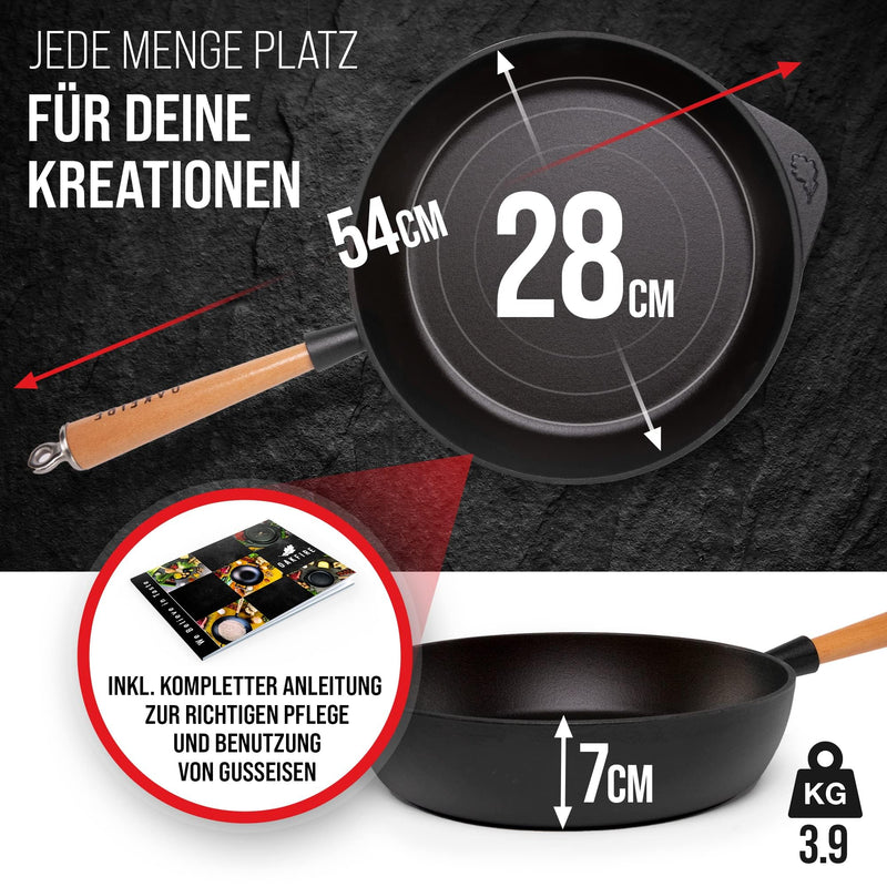 Oakfire Gusseisen Pfanne Schmorpfanne Bratpfanne emailliert 28cm Induktion Gusseisern mit Non-Stick Patina, Emaille… (Schwarz, Bratpfanne)