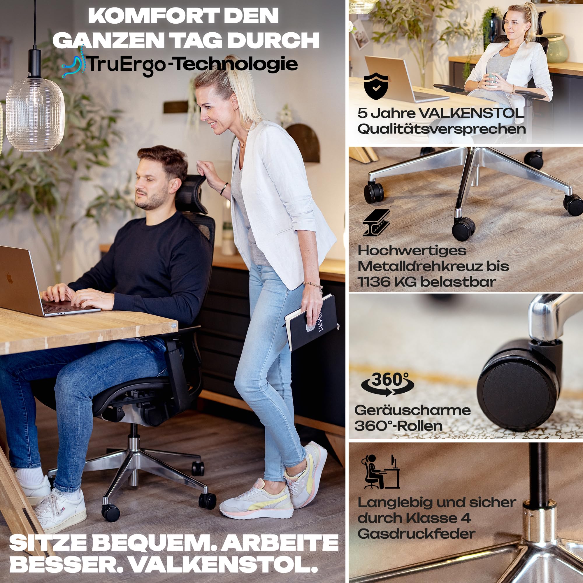 VALKENSTOL M6 Bürostuhl Ergonomisch - Auch Grosse Menschen Polster-Sitz - Ergonomischer Bürostuhl Chefsessel Bürostuhl Schreibtischstuhl Office Chair