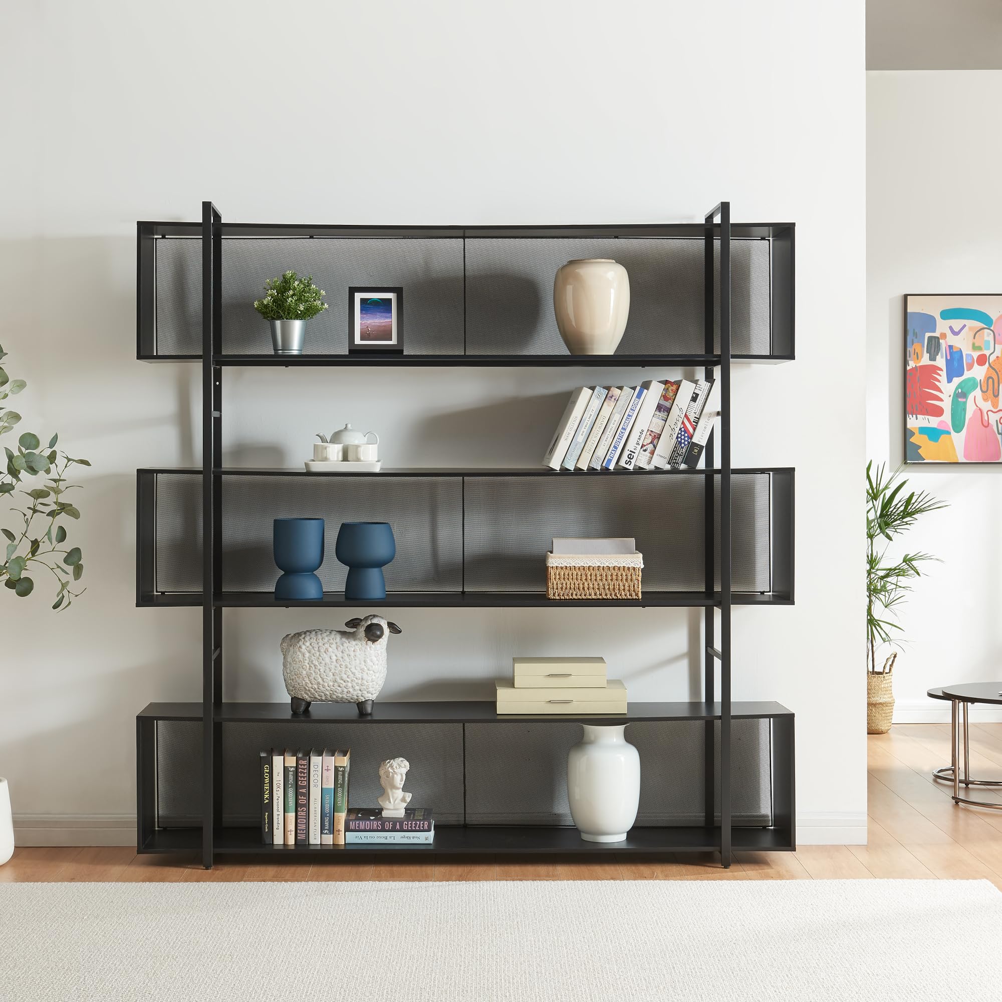 [en.casa] Bücherregal Randaberg offener Bücherschrank mit 3 Ablagefächern 180 x 180 x 33 cm Wohnzimmer Stauraum Metallgestell Standregal Schwarz