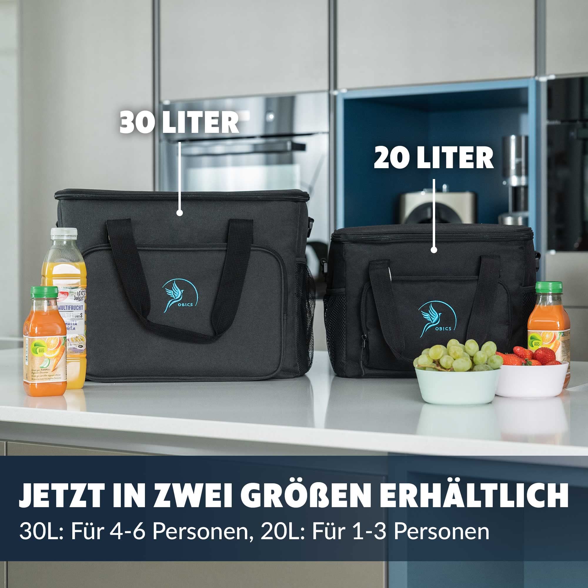 Obics Kühltasche Gross Kühlbox 30L Schwarz Thermotasche für Essen auf Arbeit - Isoliertasche für Herren & Damen - Cool bag meal prep groß unterwegs - Gefrier-Tasche faltbar mit Fächer für Auto, Strand