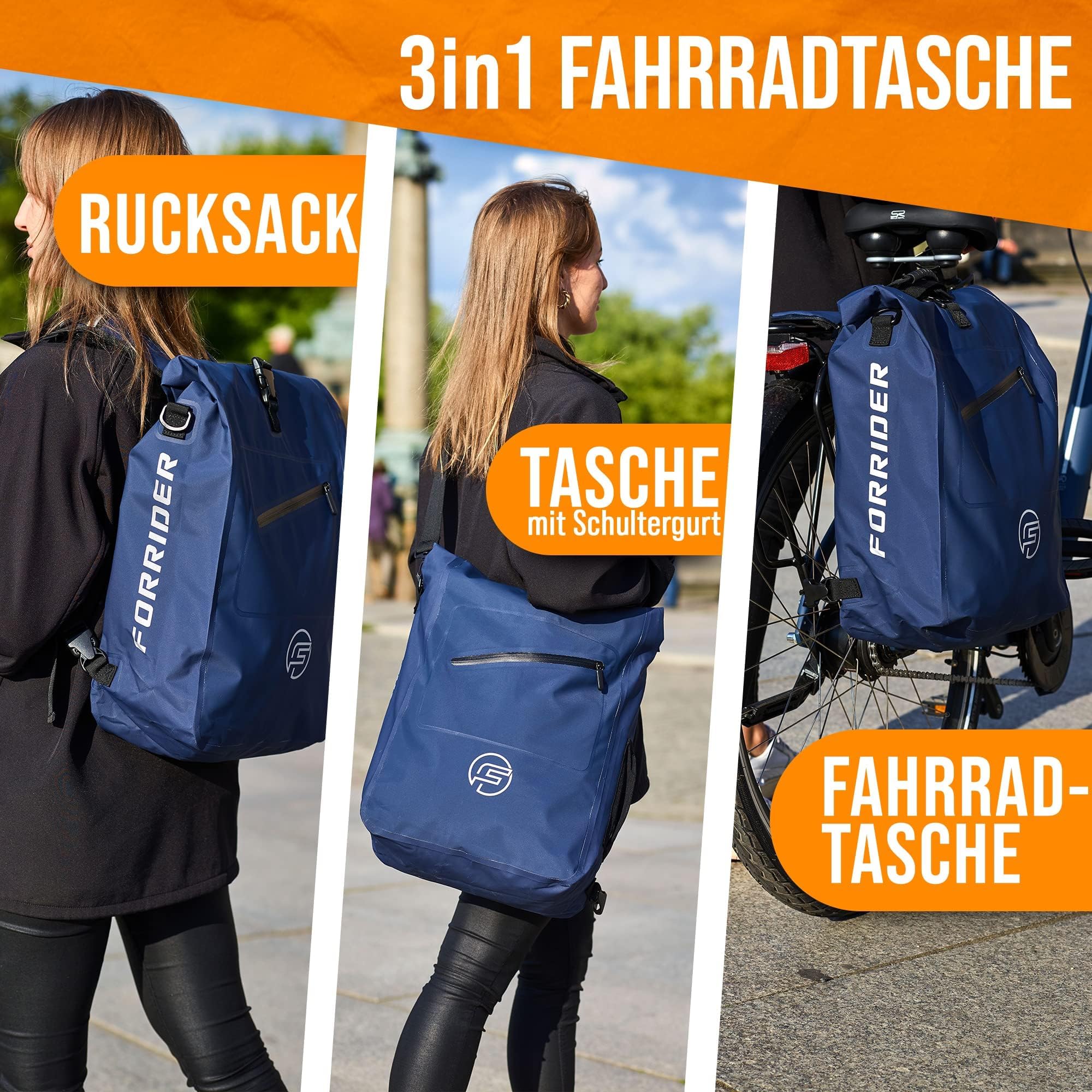 Forrider 3in1 Fahrradtasche für Gepäckträger mit Rucksack Wasserdicht 27L I Gepäckträgertasche Reflektierend I Sattel Tasche fürs Fahrrad