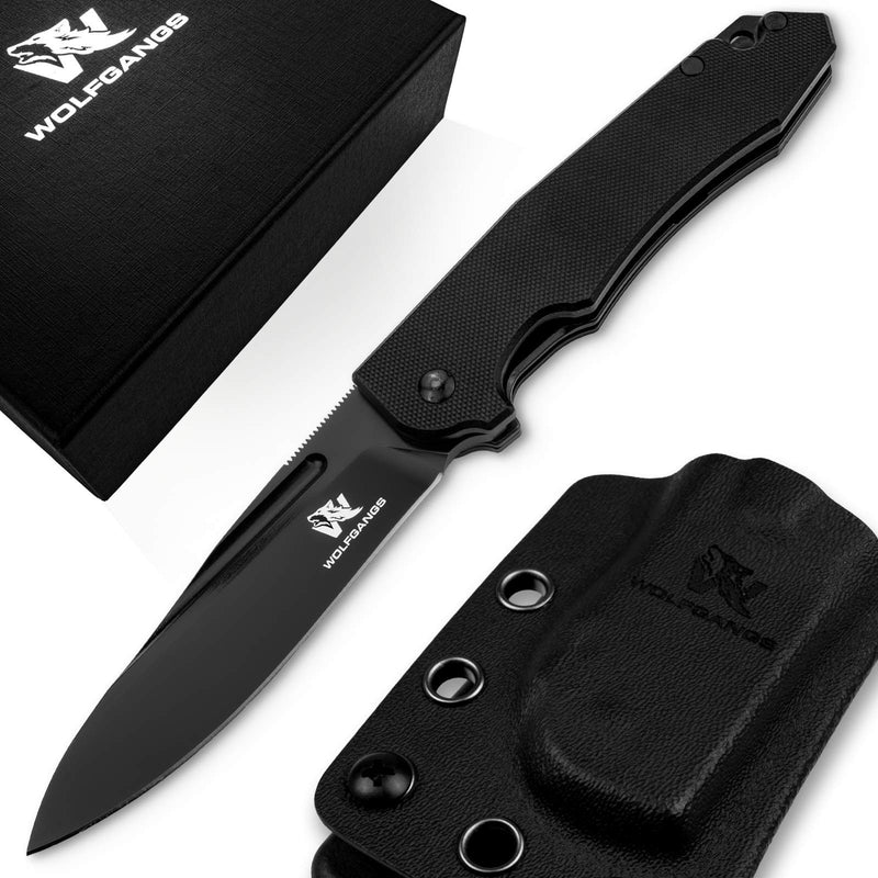 Wolfgangs CORVUS Zweihandmesser Klappmesser aus feinstem D2 Stahl - Legales Taschenmesser Klappmesser - Rebustes Outdoor Messer Survival - Klappmesser Outdoor inkl. Kydex Holster (komplett schwarz)