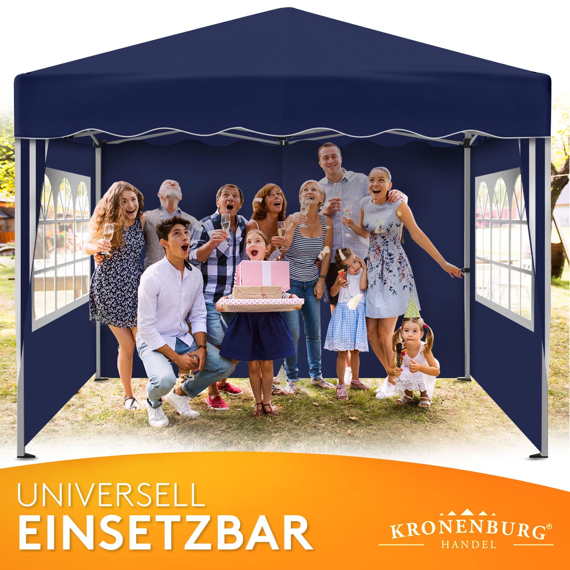 Kronenburg Faltpavillon wasserdicht Dachmaß 3 x 3 m UV Schutz 50+ Pavillon in Blau mit 4 Seitenteilen