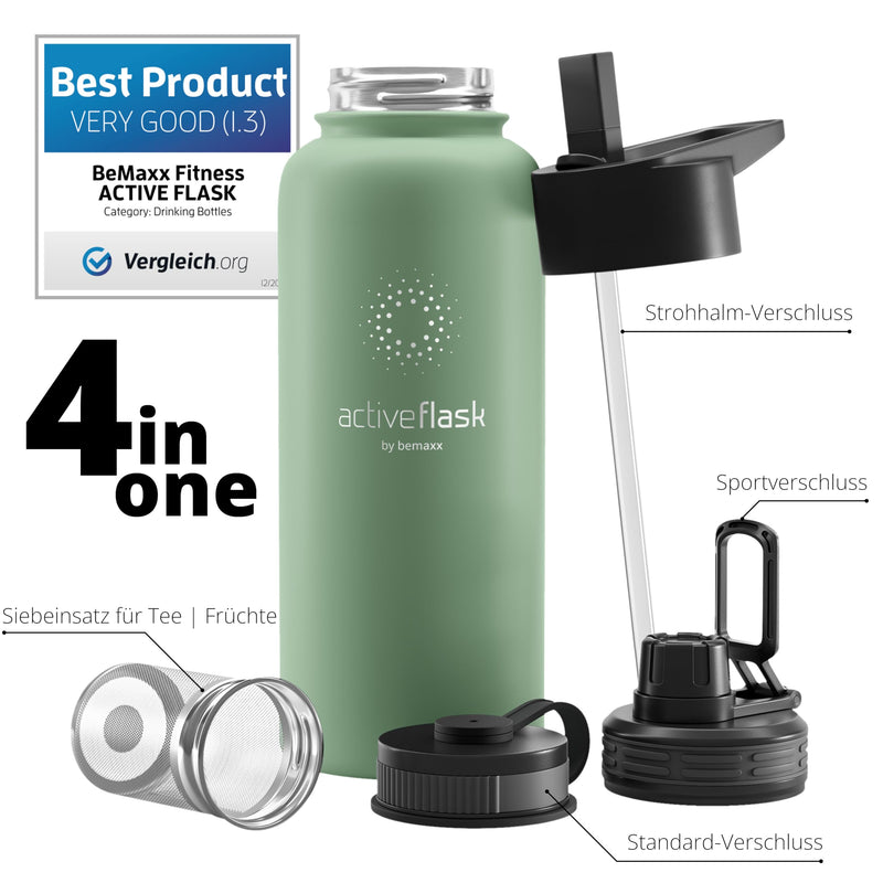 Trinkflasche Edelstahl ACTIVE FLASK + Strohhalm (3 Deckel) BPA-frei, Auslaufsicher, Kohlensäure geeignet - Wasserflasche Fahrrad Thermosflasche Isoliert Isolierflasche Sport Wasser Flasche Kinder Tee