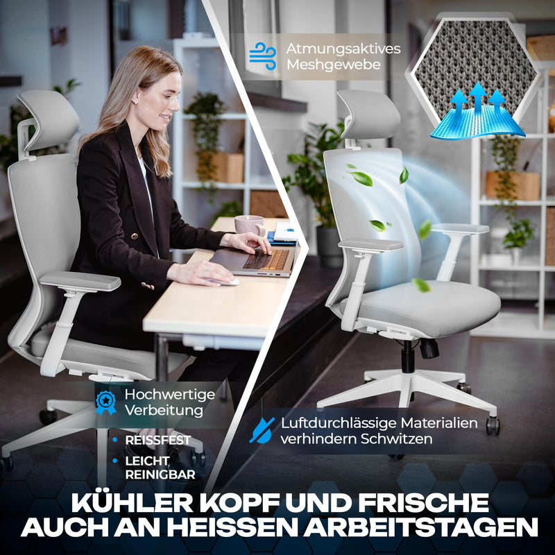 VALKENSTOL M3 Pro Ergonomischer Bürostuhl 150 kg Grau – [Höhenverstellbare Lordosenstütze] Schreibtischstuhl Bürostühle Bürostuhl Ergonomisch PC Stuhl Drehstuhl Office Chair Ergonomic Weiss