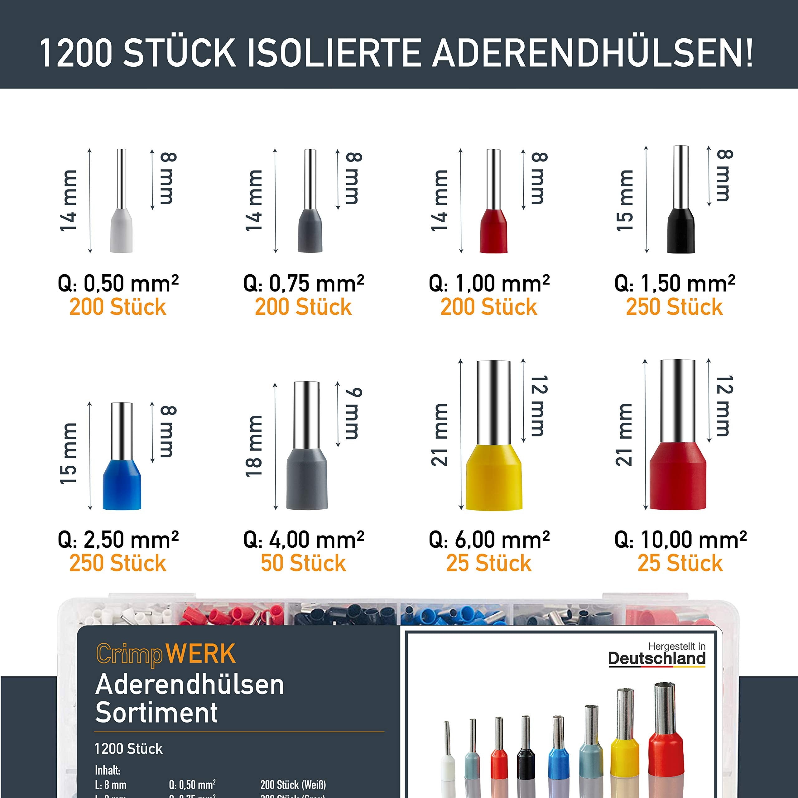 CrimpWERK® 1200 Stück Aderendhülsen Set I MADE IN GERMANY I 0,5 mm² - 10 mm² I Isolierte Hülsen nach DIN Standard sortiert I Profi Isolierhülsen Sortiment in Geprüfter Qualität