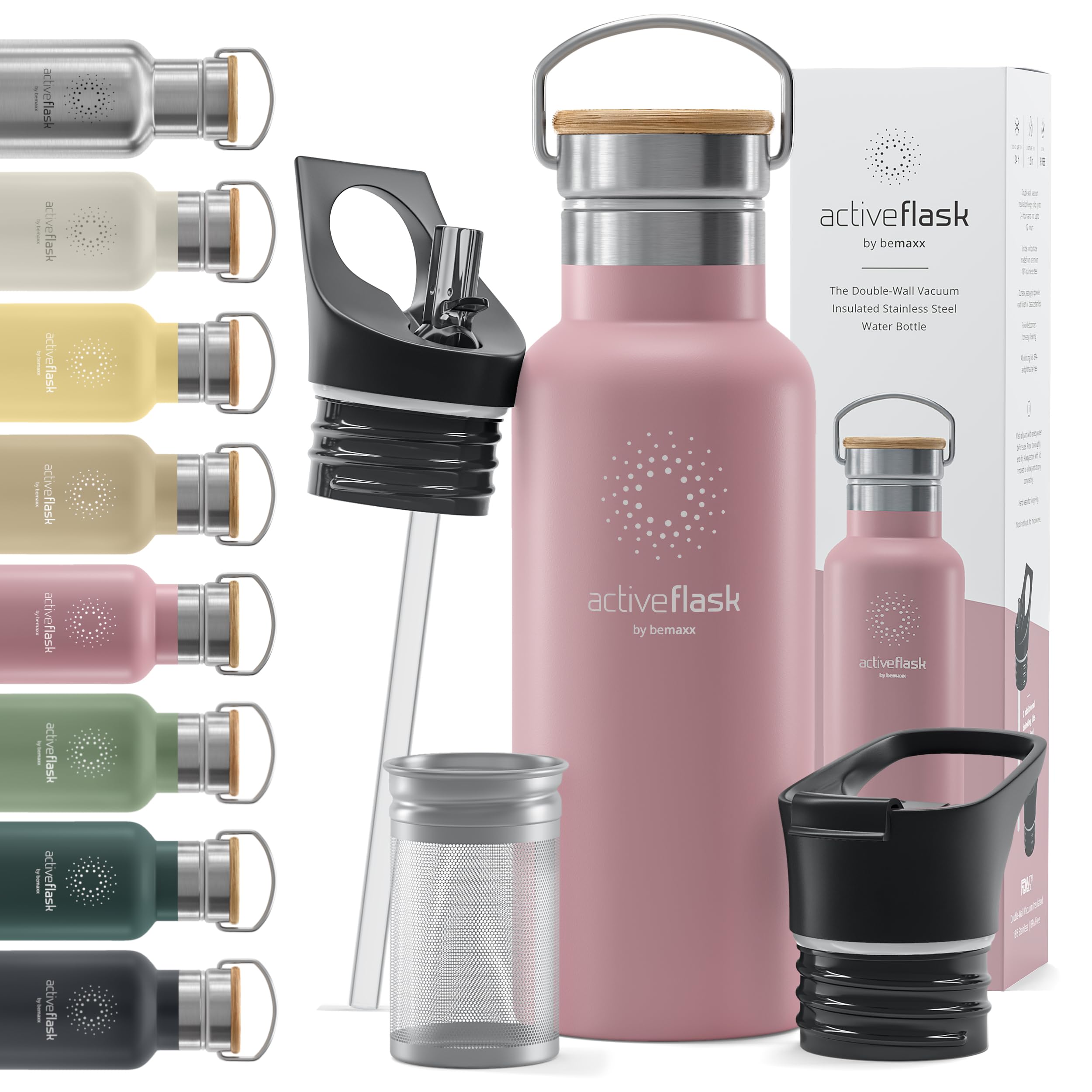 Trinkflasche Edelstahl mit Strohhalm, Infuser + 3 Deckel: BPA-frei, Auslaufsicher, Kohlensäure geeignet - Wasserflasche Fahrrad Thermosflasche Isoliert Isolierflasche Sport Wasser Flasche Kinder Tee