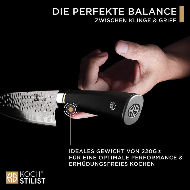 Kochstilist® Premium Damastmesser 20 cm [+ inkl. Geschenkbox] Das 67-Lagen Profi-Kochmesser aus extrem scharfem V10-Goldstahl - Damast Messer, Küchenmesser, Chefmesser mit edlem Echtholzgriff