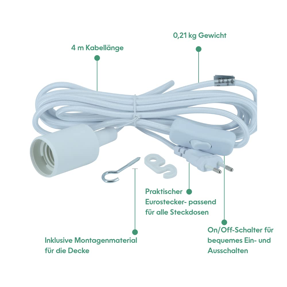 Parus by Venso E27 Lampenfassung 4m Textilkabel Weiß, Eurostecker, Venso Ecosolutions Lampenfassung E27 mit Kabel für E27 LED Lampe, Bulb Holder, Kabel für Lampe, Fassung E27 Weiß