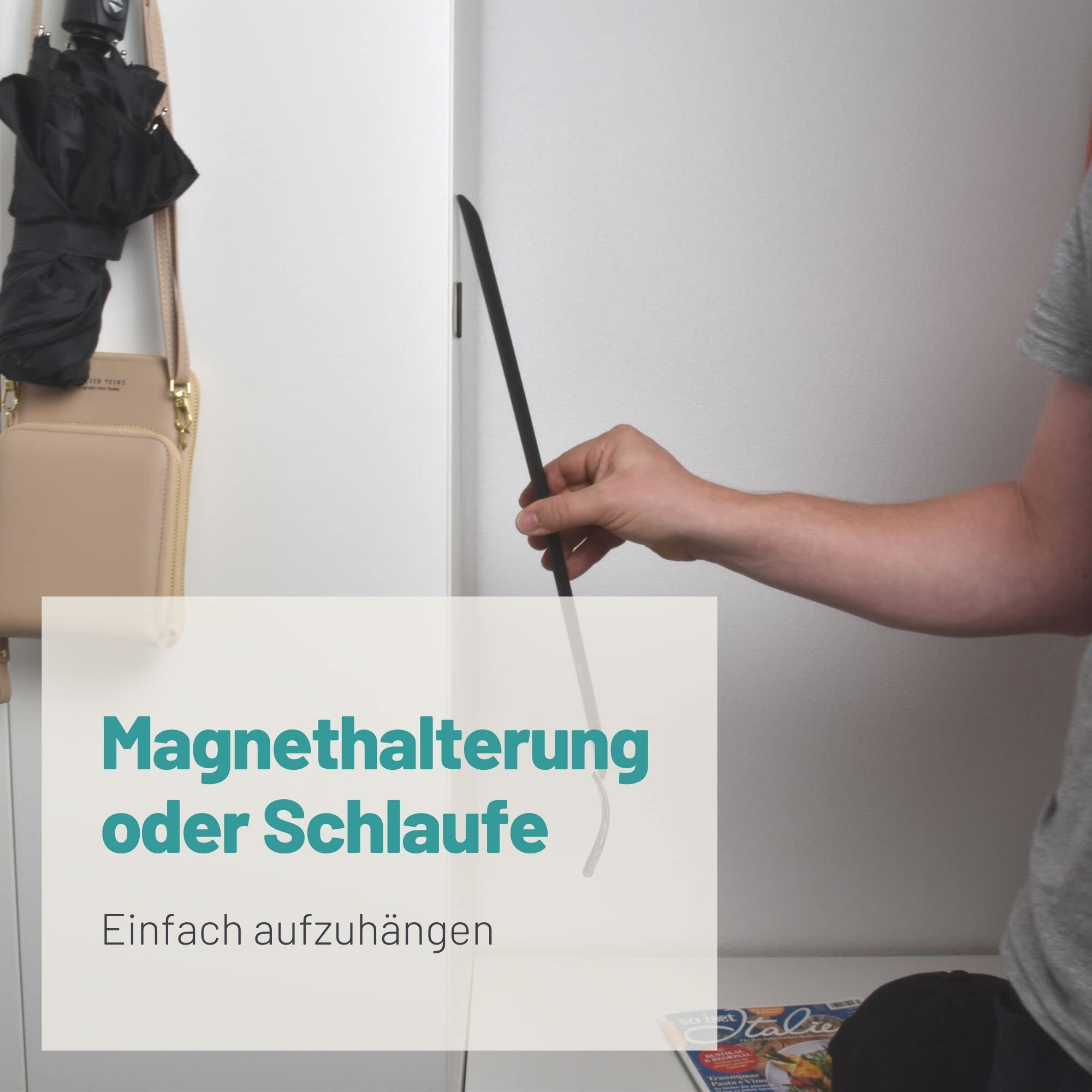 D&D Living® Design Schuhlöffel 45 cm extra stabil - Schuhanzieher aus Edelstahl mit Magnet oder Schlaufe zum Aufhängen | Metall lang (Schwarz glatt)