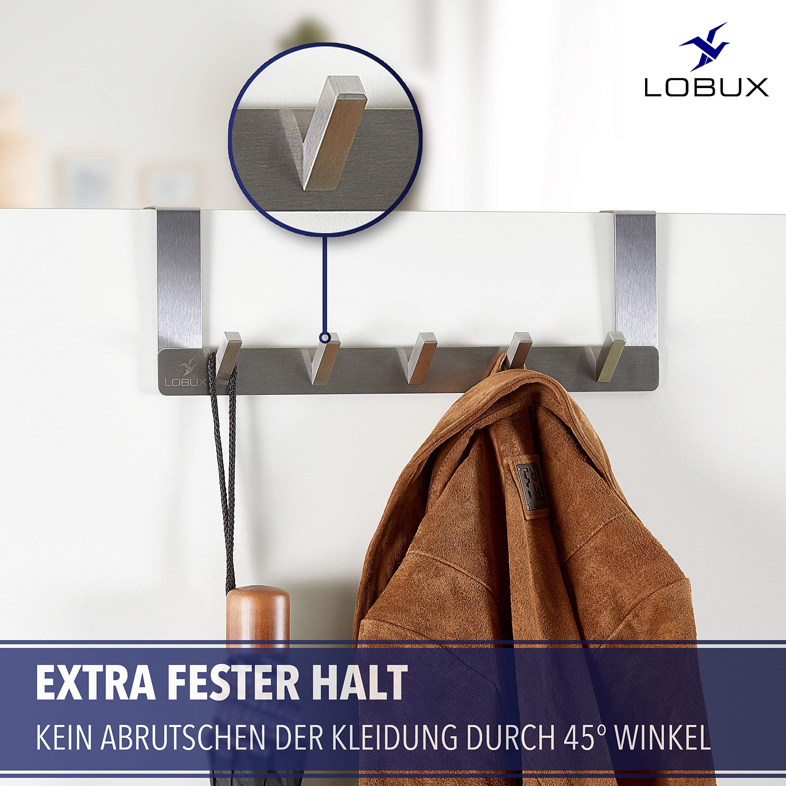 LOBUX® Premium Türgarderobe Edelstahl rostfrei - Türhakenleiste modernes Design - Kleiderhaken Tür ohne Bohren - Türhaken für Küche Flur Bad Wohnzimmer Schlafzimmer (Türfalzstärke bis 2cm)