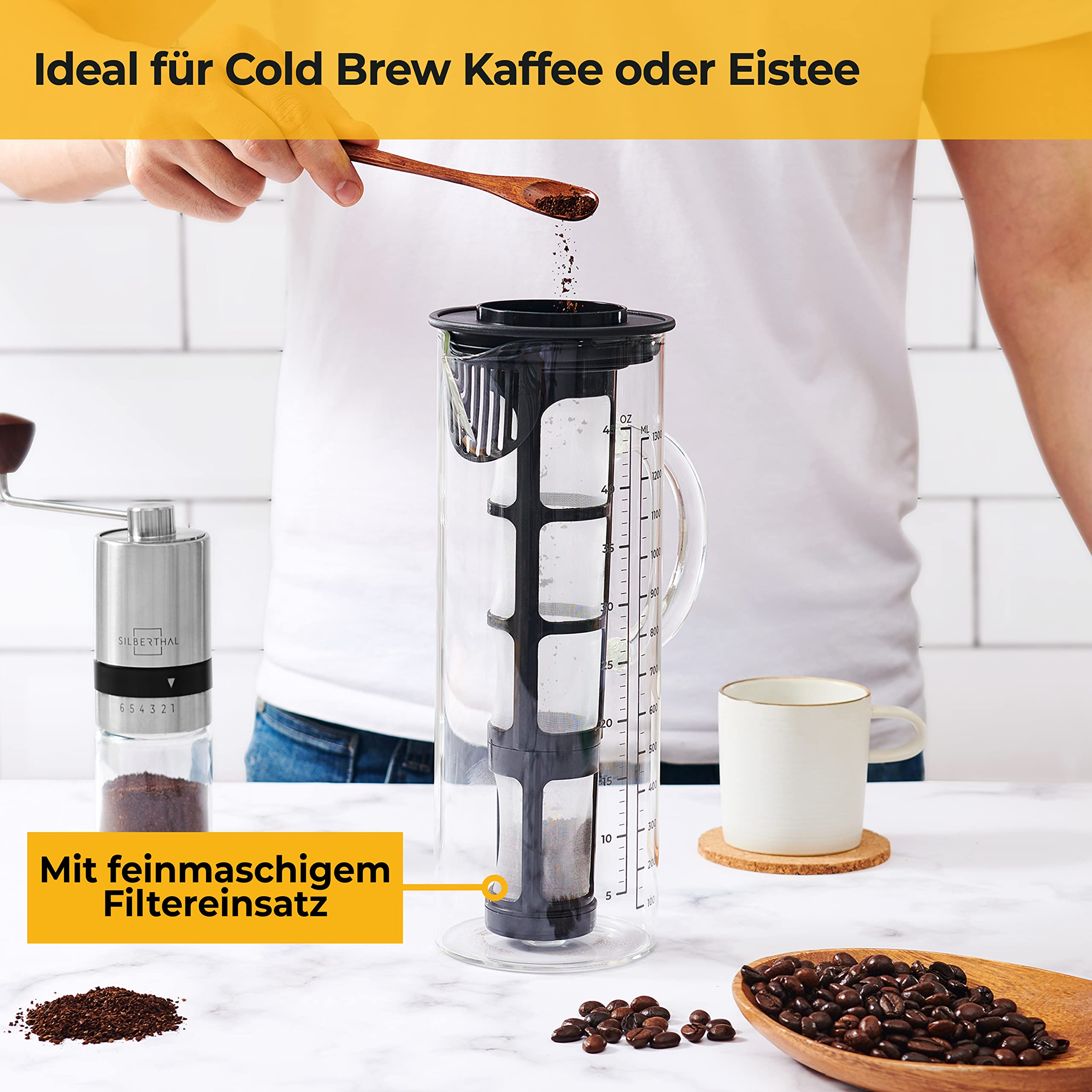 SILBERTHAL Kaffeebereiter Glas 1.3l - Cold Brew Coffee Maker mit Filter für kaltgebrühten Kaffee oder Eistee