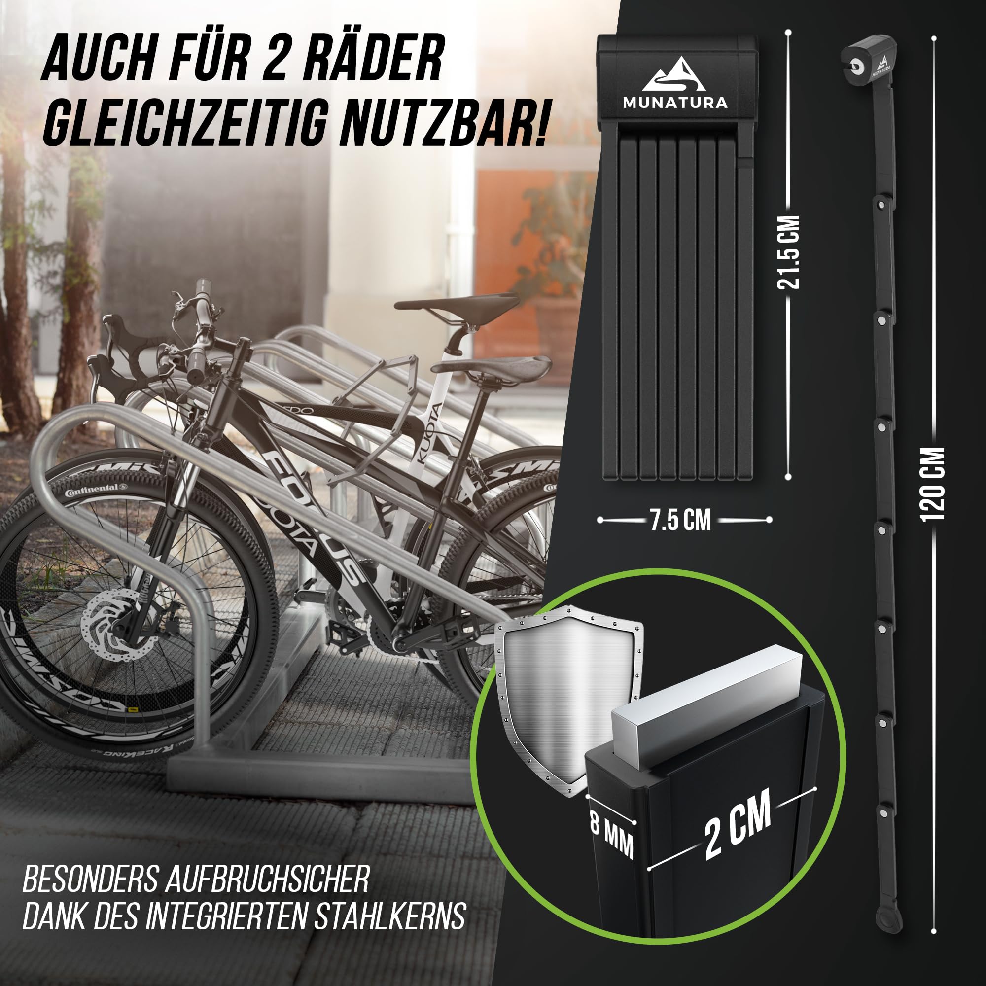 MUNATURA Faltschloss Fahrrad 120cm – Robustes Fahrradschloss für extra hohen Diebstahlschutz - Für alle Fahrräder, E-Bikes, etc. geeignet