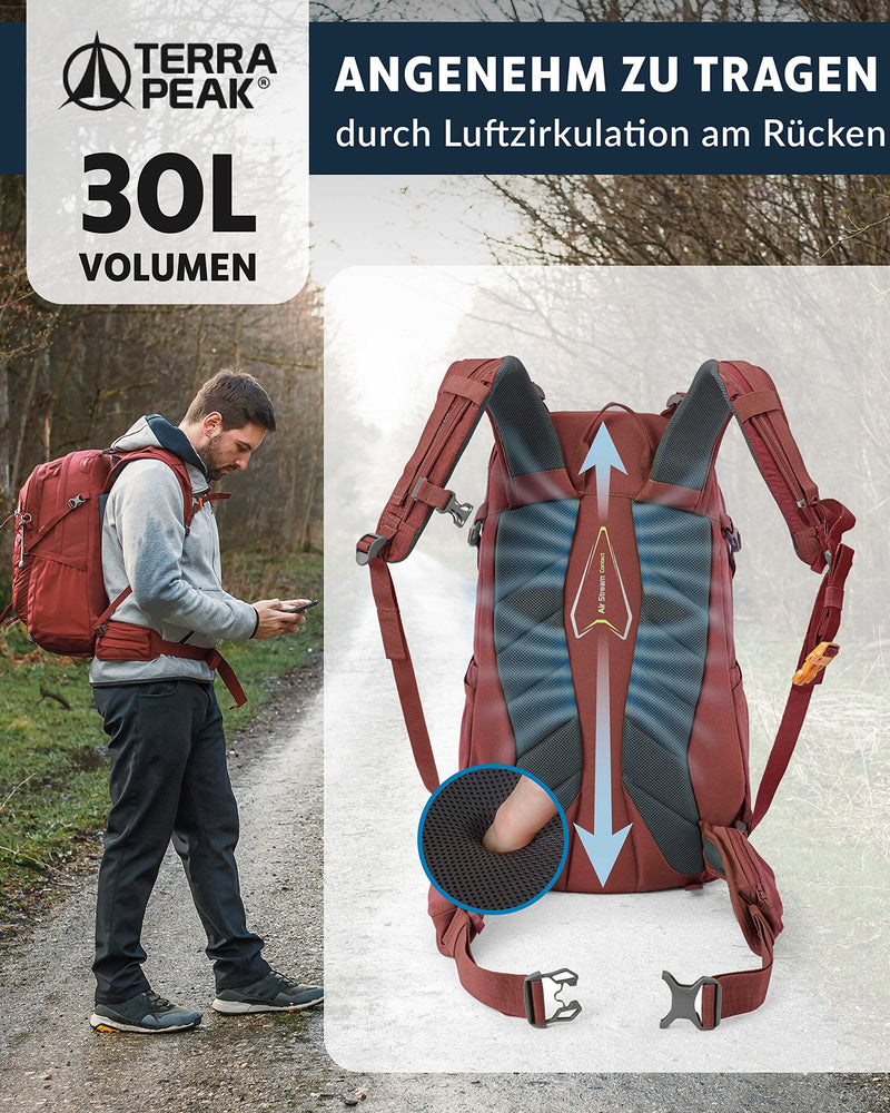 Terra Peak Wanderrucksack 30L Flex 30 Herren Damen rot - Outdoor Tages-rucksack zum wandern - Daypack leicht wasserdicht Sport-aktivitäten - ergonomischer Rucksack mit abnehmbarem Hüftgurt Erwachsene