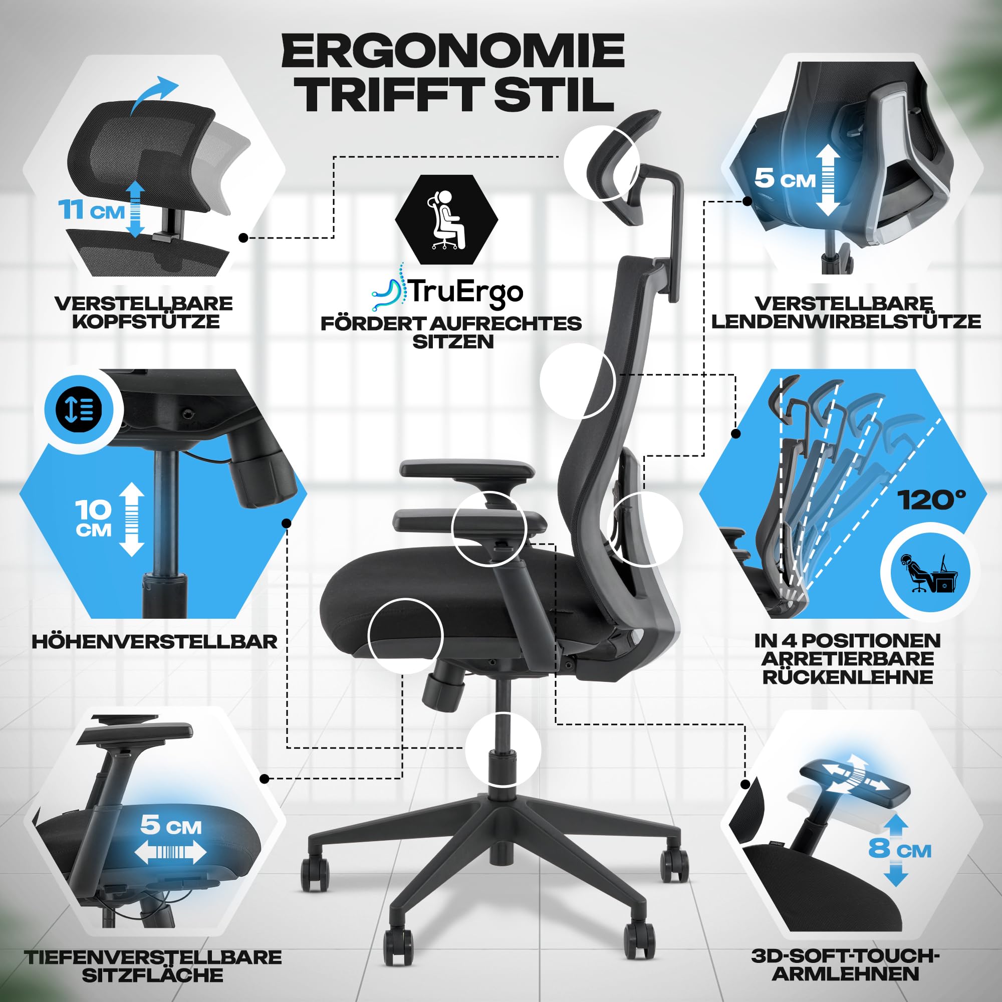 VALKENSTOL M3 Pro Bürostuhl Ergonomisch Schwarz – Schreibtischstuhl Bürostühle Ergonomischer Bürostuhl Drehstuhl Office Chair Ergonomic