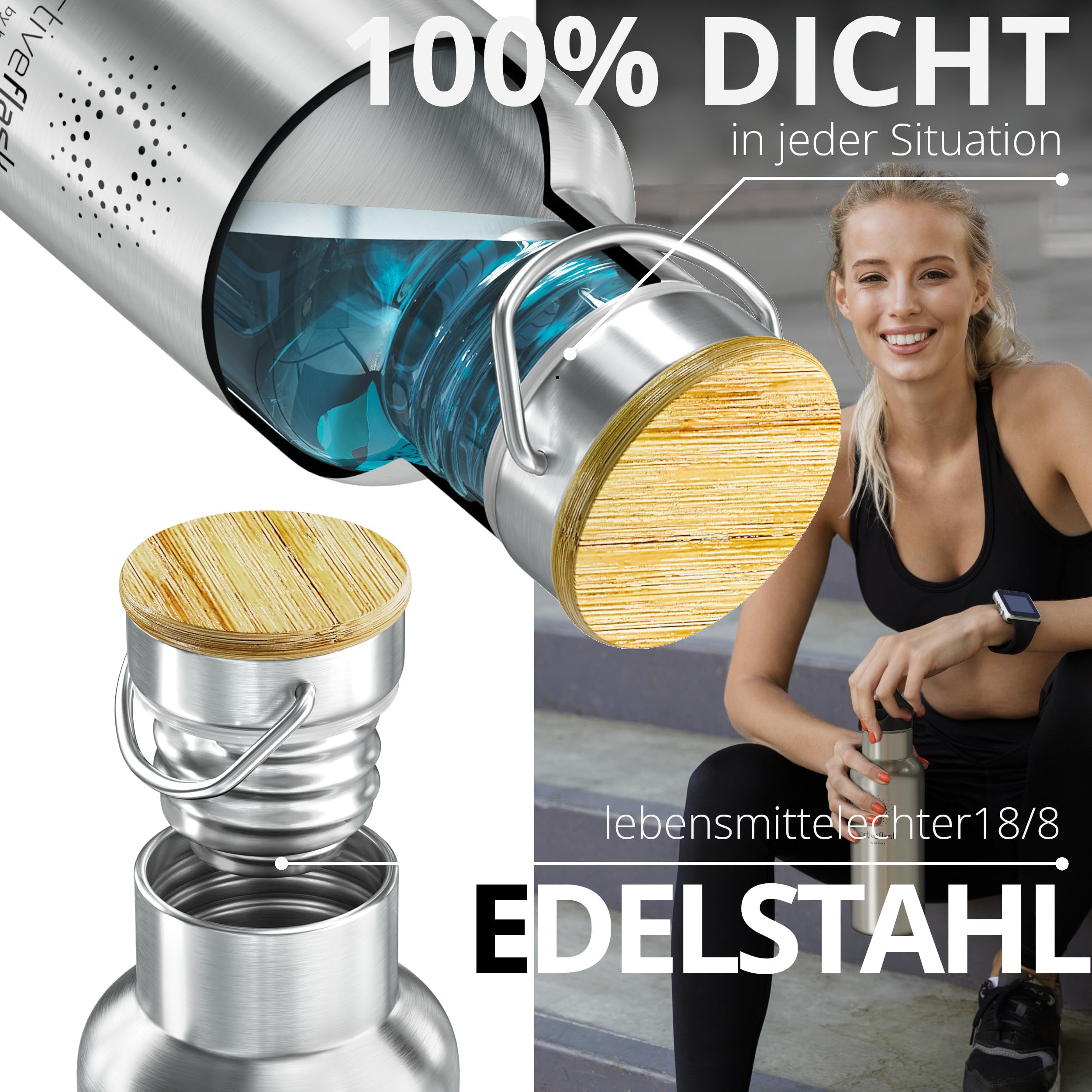 Trinkflasche Edelstahl mit Strohhalm, Infuser + 3 Deckel: BPA-frei, Auslaufsicher, Kohlensäure geeignet - Wasserflasche Fahrrad Thermosflasche Isoliert Isolierflasche Sport Wasser Flasche Kinder Tee