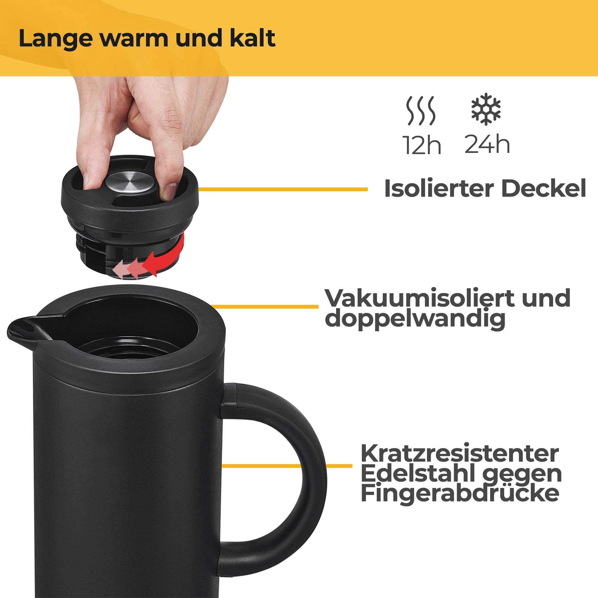 SILBERTHAL Thermoskanne 1l Edelstahl - Doppelwandige Isolierkanne mit Drehverschluss & Glaseinsatz - Moderne Kaffeekanne in Schwarz Matt