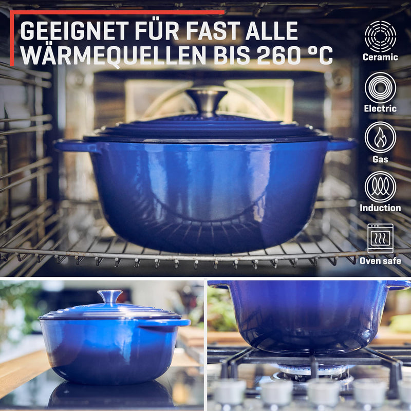 Uno Casa Blau Emaillierter Dutch Oven Gusseisen Topf - Dutch Oven 6 Liter Bräter mit Deckel, Langlebig, Natürliche Antihaft-Emaille-Beschichtung, Dutch Oven Set mit Silikongriffen und Untersatz