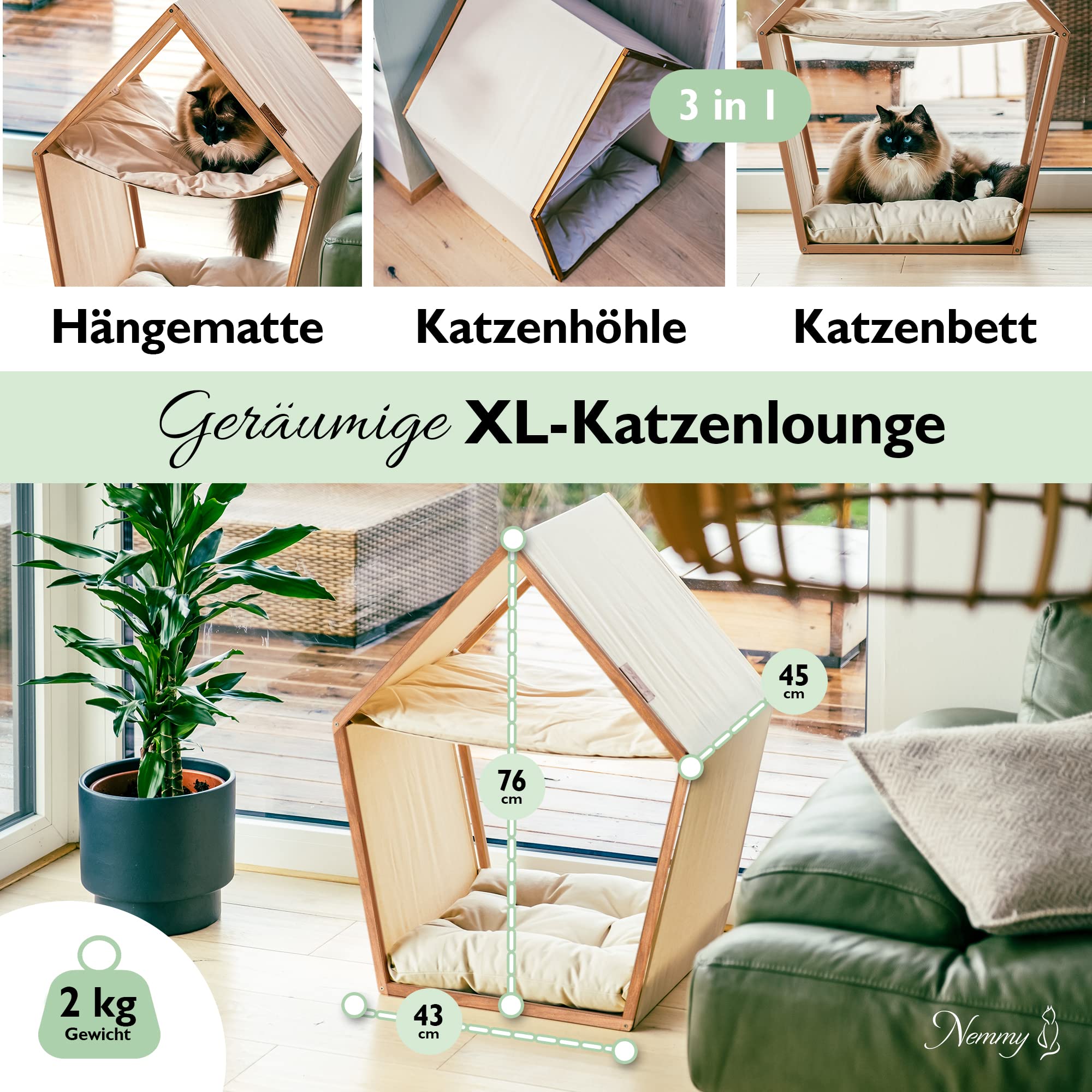 Nemmy Katzenlounge | Katzenhöhle Hängematte Katzenbett | Flauschiges Kissen zum Schlafen | Kuschelhöhle | Katzenmöbel große Katze | Katzenhaus Indoor | Katzenkorb