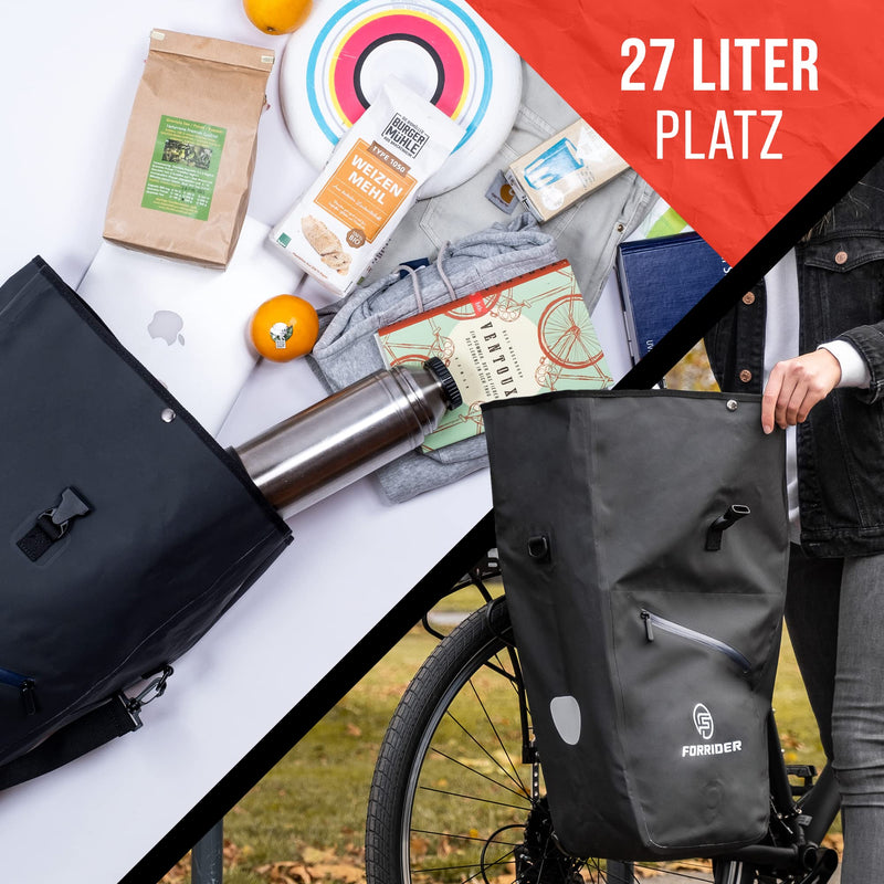 Forrider Gepäckträgertasche Wasserdicht Fahrradtasche für Gepäckträger [27Liter] mit MagnetLock Schultergurt passt an jedes Fahrrad