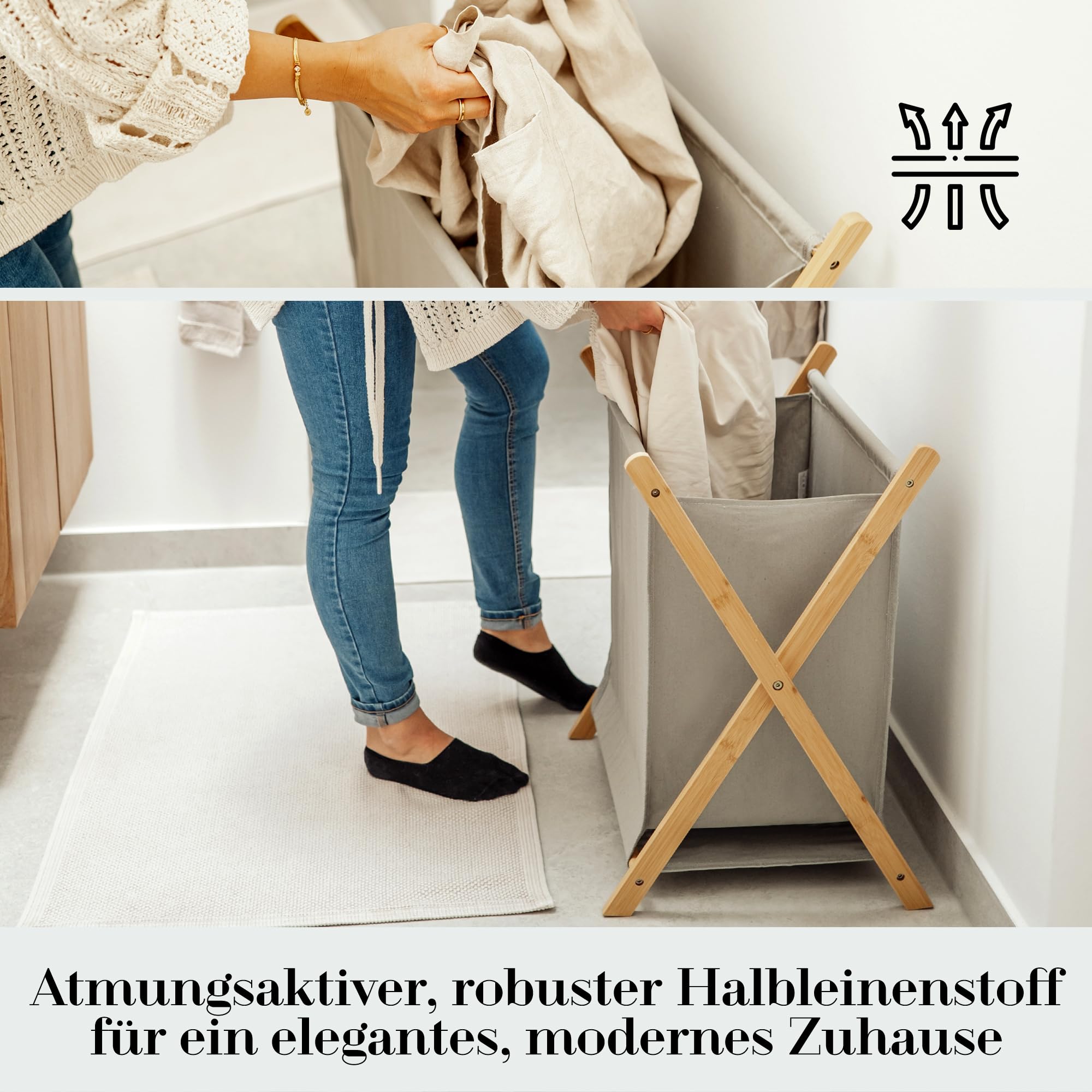 HeimGlück Wäschekorb - Wäschesammler grau [60l Halbleinen-Bambus Wäschekorb faltbar] nachhaltiger Wäschekorb klappbar, Wäschesortierer, Wäschetrenner, Wäschebox, laundry organizer | jetzt anschauen