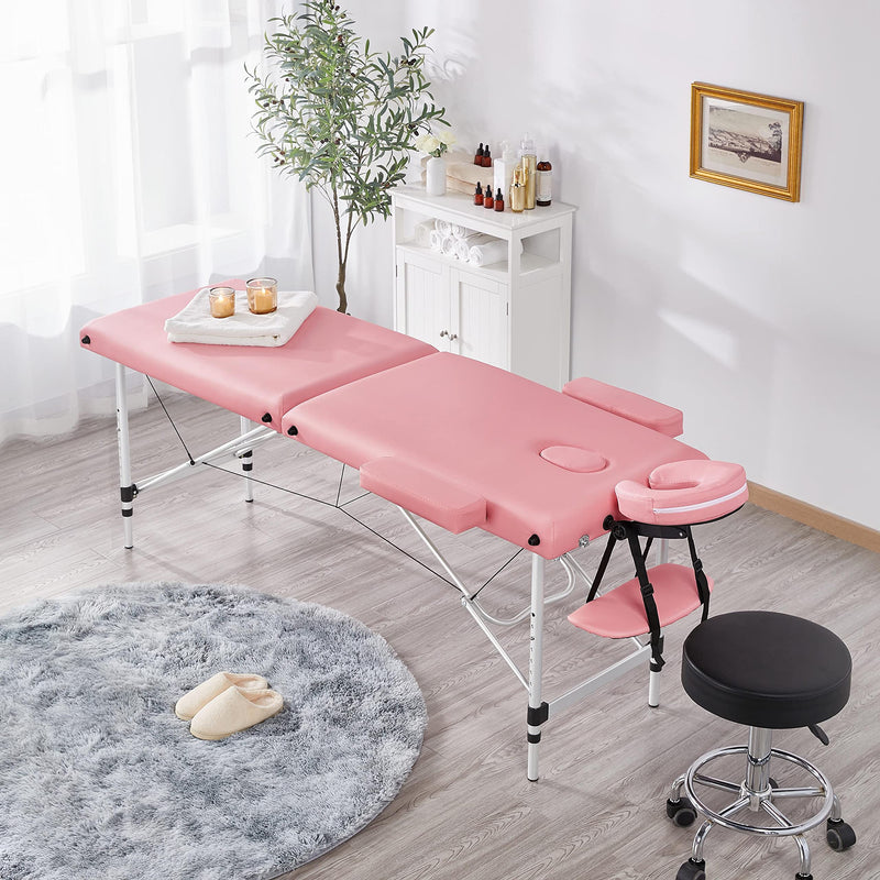 Yaheetech Mobile Aluminium Massageliege Höhenverstellbar 2-Zonen Massagebett mit Kopfstütze & Armlehnen & Tasche, Hellrosa